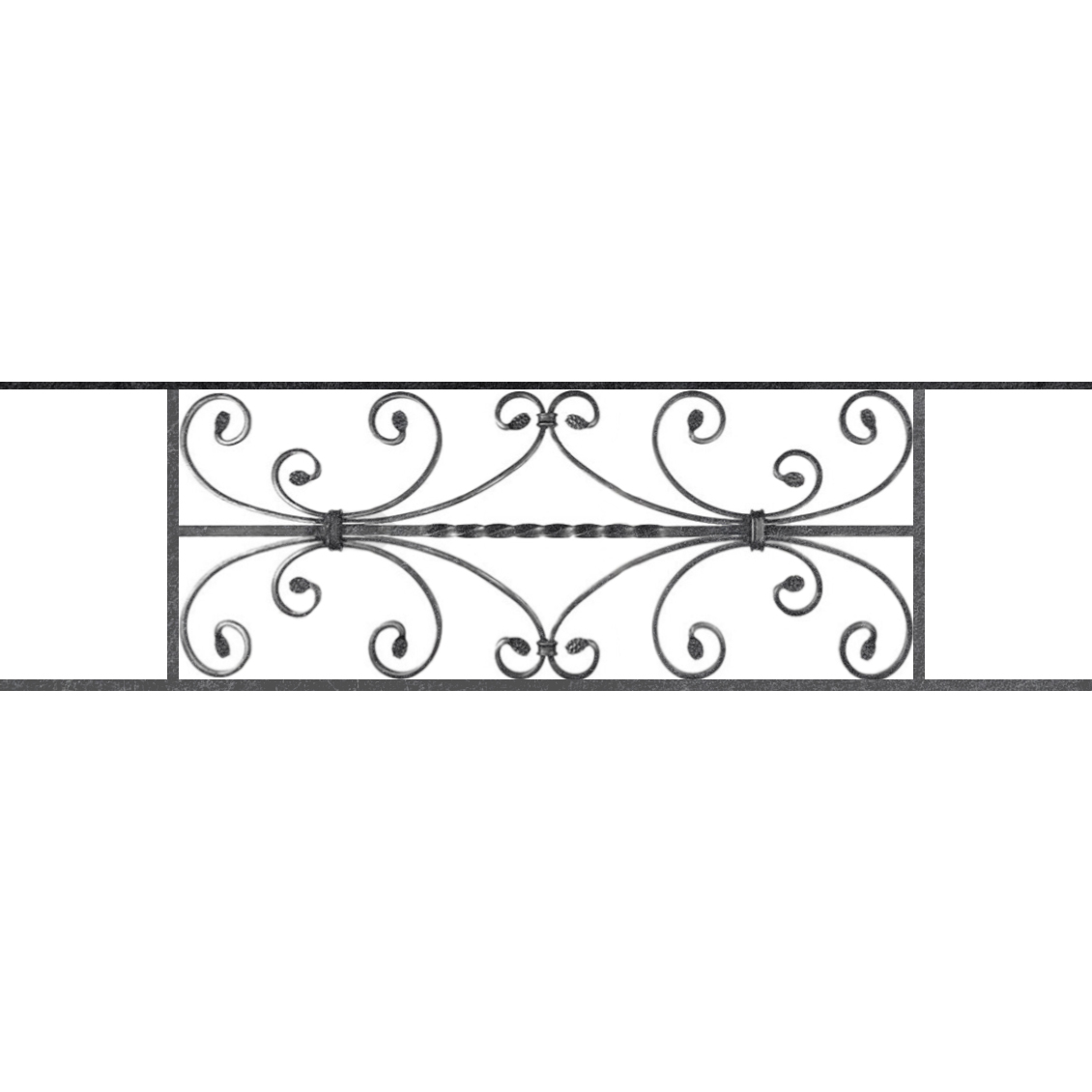 Appui de fenêtre type AF003 à sceller dans votre tableau de fenêtre. Longueur finie de 1130mm et Hauteur finie de 320mm. Convient pour les tableaux de fenêtre de 1030mm. 50mm de scellement sont prévue de chaque côté. Main courante laminée de 1030mm de long en fer forgé sur le dessus. Motif au centre de 760mm de long par 300mm de haut. Le reste de la structure est en acier carré plein de 12mm de section.