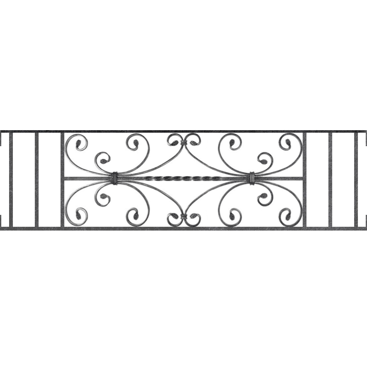 Appui de fenêtre type AF003 à visser dans votre tableau de fenêtre. Longueur finie de 1170mm et Hauteur finie de 320mm. Convient pour les tableaux de fenêtre de 1170mm. Main courante laminée de 1170mm de long en fer forgé sur le dessus. Motif au centre de 760mm de long par 300mm de haut. Le reste de la structure est en acier carré plein de 12mm de section.