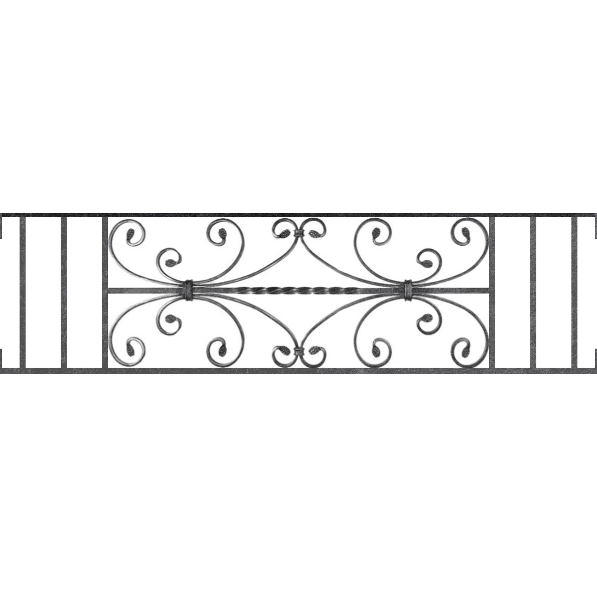 Appui de fenêtre type AF003 à visser dans votre tableau de fenêtre. Longueur finie de 1190mm et Hauteur finie de 320mm. Convient pour les tableaux de fenêtre de 1190mm. Main courante laminée de 1190mm de long en fer forgé sur le dessus. Motif au centre de 760mm de long par 300mm de haut. Le reste de la structure est en acier carré plein de 12mm de section.