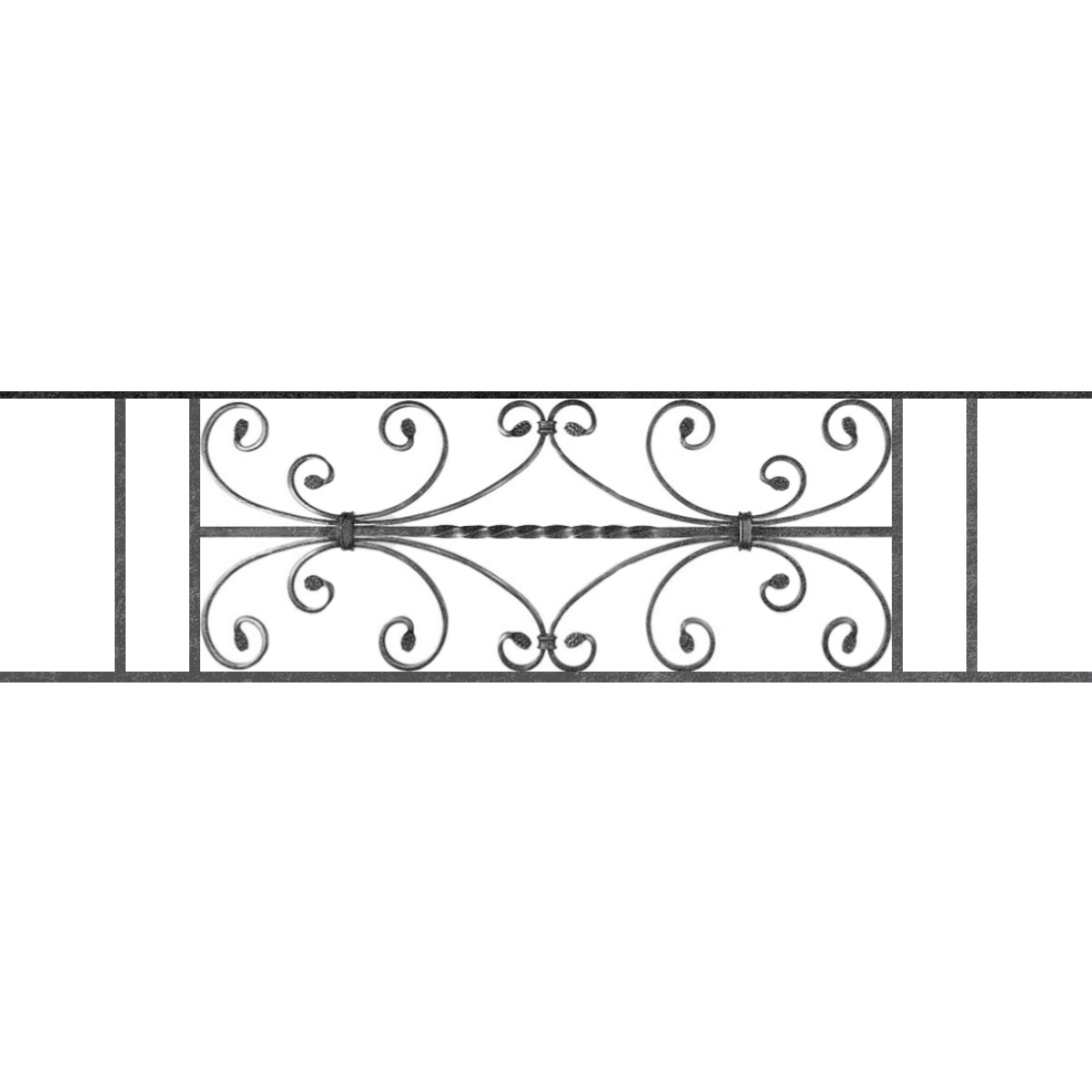 Appui de fenêtre type AF003 à sceller dans votre tableau de fenêtre. Longueur finie de 1200mm et Hauteur finie de 320mm. Convient pour les tableaux de fenêtre de 1100mm. 50mm de scellement sont prévue de chaque côté. Main courante laminée de 1100mm de long en fer forgé sur le dessus. Motif au centre de 760mm de long par 300mm de haut. Le reste de la structure est en acier carré plein de 12mm de section.