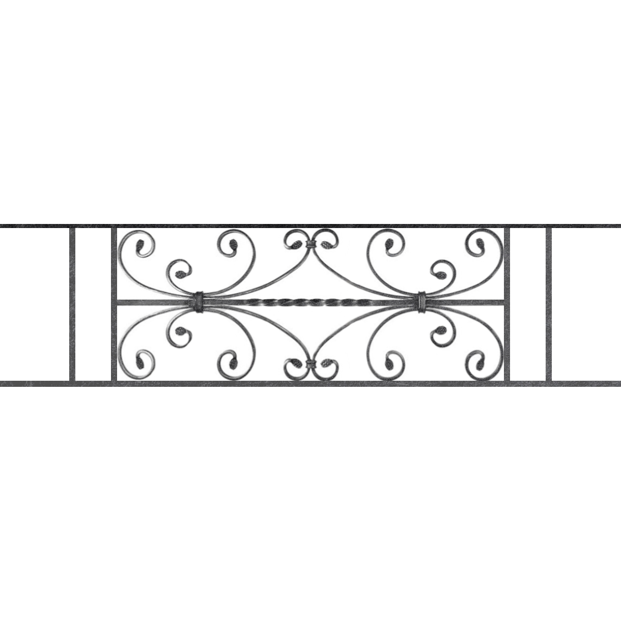 Appui de fenêtre type AF003 à sceller dans votre tableau de fenêtre. Longueur finie de 1220mm et Hauteur finie de 320mm. Convient pour les tableaux de fenêtre de 1120mm. 50mm de scellement sont prévue de chaque côté. Main courante laminée de 1120mm de long en fer forgé sur le dessus. Motif au centre de 760mm de long par 300mm de haut. Le reste de la structure est en acier carré plein de 12mm de section.