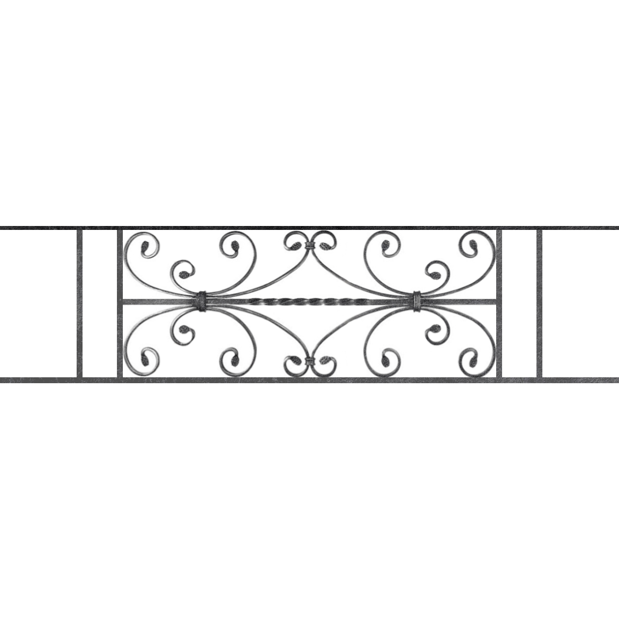 Appui de fenêtre type AF003 à sceller dans votre tableau de fenêtre. Longueur finie de 1260mm et Hauteur finie de 320mm. Convient pour les tableaux de fenêtre de 1160mm. 50mm de scellement sont prévue de chaque côté. Main courante laminée de 1160mm de long en fer forgé sur le dessus. Motif au centre de 760mm de long par 300mm de haut. Le reste de la structure est en acier carré plein de 12mm de section.