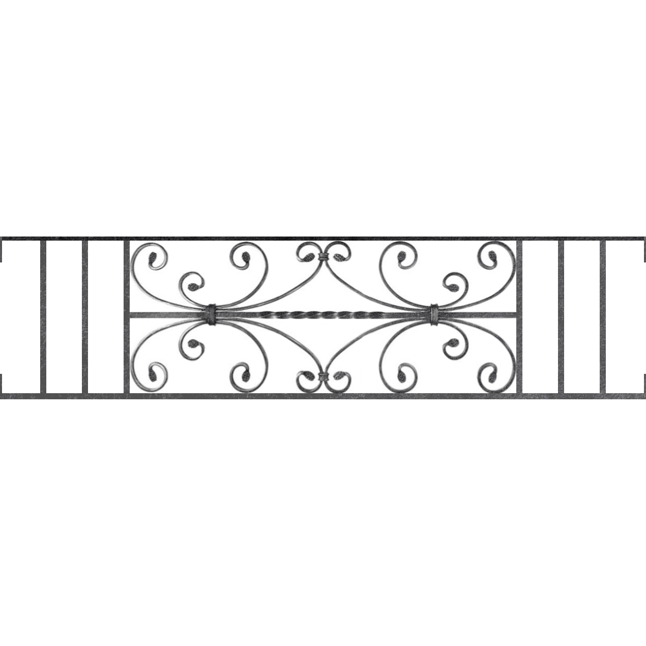 Appui de fenêtre type AF003 à visser dans votre tableau de fenêtre. Longueur finie de 1270mm et Hauteur finie de 320mm. Convient pour les tableaux de fenêtre de 1270mm. Main courante laminée de 1270mm de long en fer forgé sur le dessus. Motif au centre de 760mm de long par 300mm de haut. Le reste de la structure est en acier carré plein de 12mm de section.