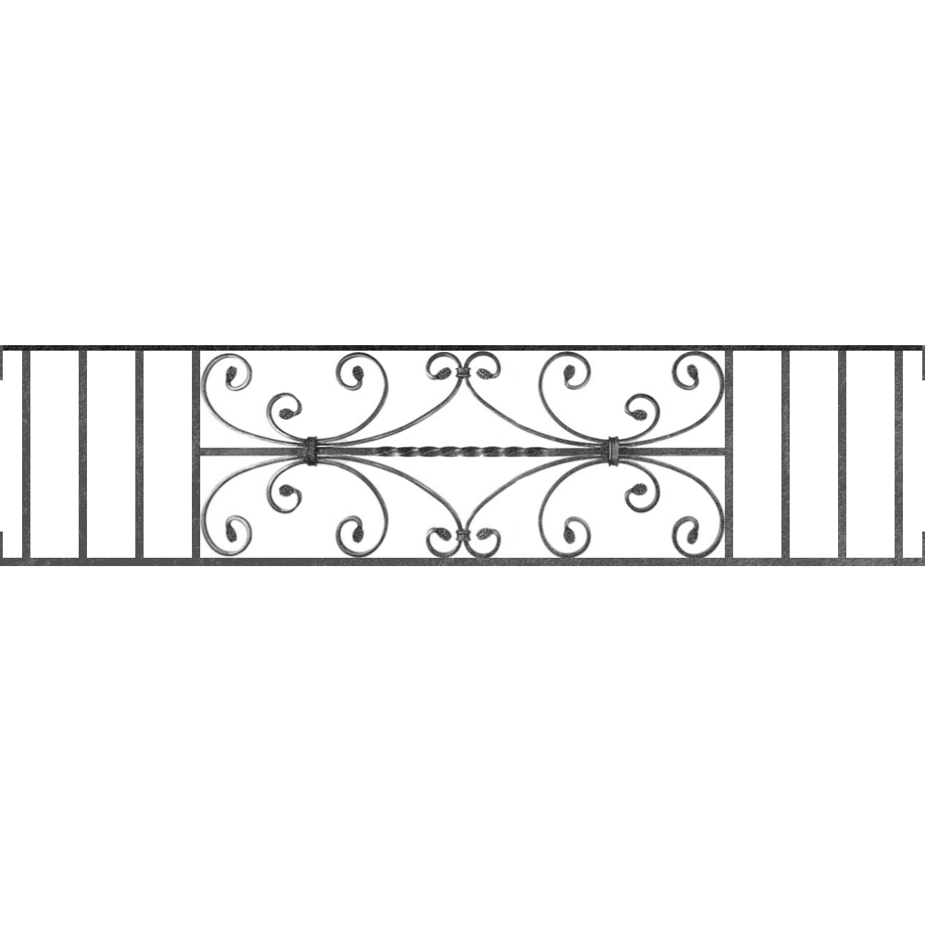 Appui de fenêtre type AF003 à visser dans votre tableau de fenêtre. Longueur finie de 1340mm et Hauteur finie de 320mm. Convient pour les tableaux de fenêtre de 1340mm. Main courante laminée de 1340mm de long en fer forgé sur le dessus. Motif au centre de 760mm de long par 300mm de haut. Le reste de la structure est en acier carré plein de 12mm de section.