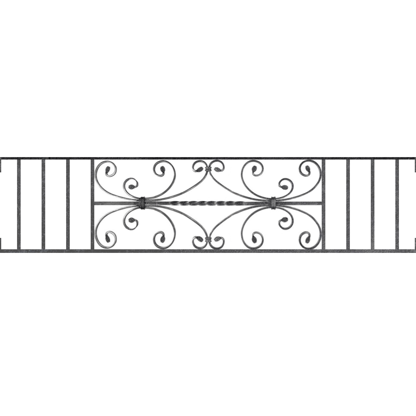 Appui de fenêtre type AF003 à visser dans votre tableau de fenêtre. Longueur finie de 1390mm et Hauteur finie de 320mm. Convient pour les tableaux de fenêtre de 1390mm. Main courante laminée de 1390mm de long en fer forgé sur le dessus. Motif au centre de 760mm de long par 300mm de haut. Le reste de la structure est en acier carré plein de 12mm de section.