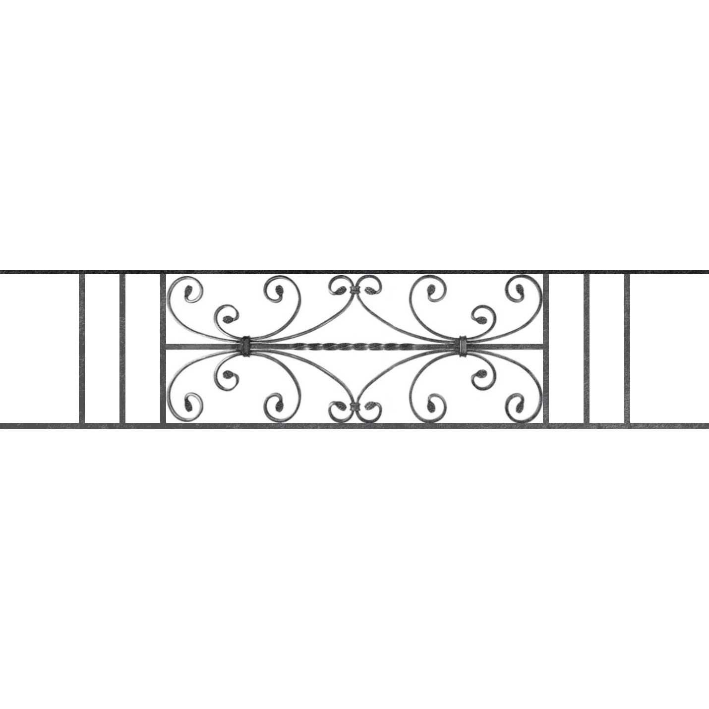 Appui de fenêtre type AF003 à sceller dans votre tableau de fenêtre. Longueur finie de 1430mm et Hauteur finie de 320mm. Convient pour les tableaux de fenêtre de 1330mm. 50mm de scellement sont prévue de chaque côté. Main courante laminée de 1330mm de long en fer forgé sur le dessus. Motif au centre de 760mm de long par 300mm de haut. Le reste de la structure est en acier carré plein de 12mm de section.