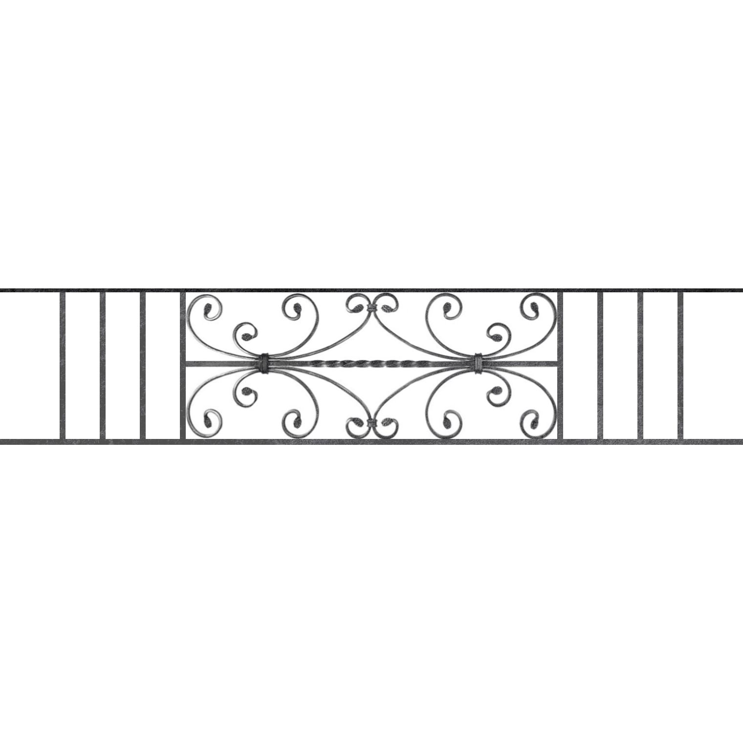 Appui de fenêtre type AF003 à sceller dans votre tableau de fenêtre. Longueur finie de 1520mm et Hauteur finie de 320mm. Convient pour les tableaux de fenêtre de 1420mm. 50mm de scellement sont prévue de chaque côté. Main courante laminée de 1420mm de long en fer forgé sur le dessus. Motif au centre de 760mm de long par 300mm de haut. Le reste de la structure est en acier carré plein de 12mm de section.