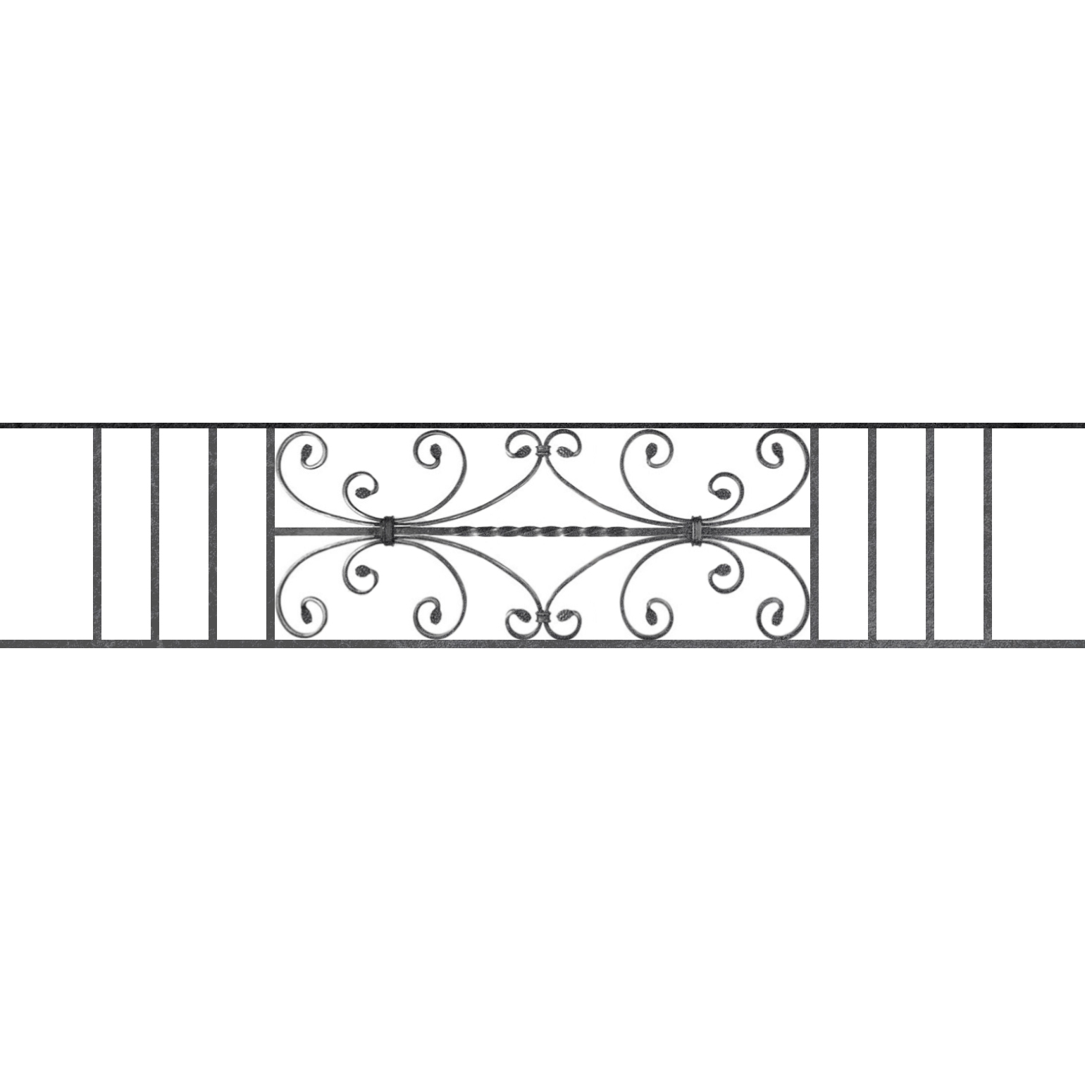 Appui de fenêtre type AF003 à sceller dans votre tableau de fenêtre. Longueur finie de 1540mm et Hauteur finie de 320mm. Convient pour les tableaux de fenêtre de 1440mm. 50mm de scellement sont prévue de chaque côté. Main courante laminée de 1440mm de long en fer forgé sur le dessus. Motif au centre de 760mm de long par 300mm de haut. Le reste de la structure est en acier carré plein de 12mm de section.