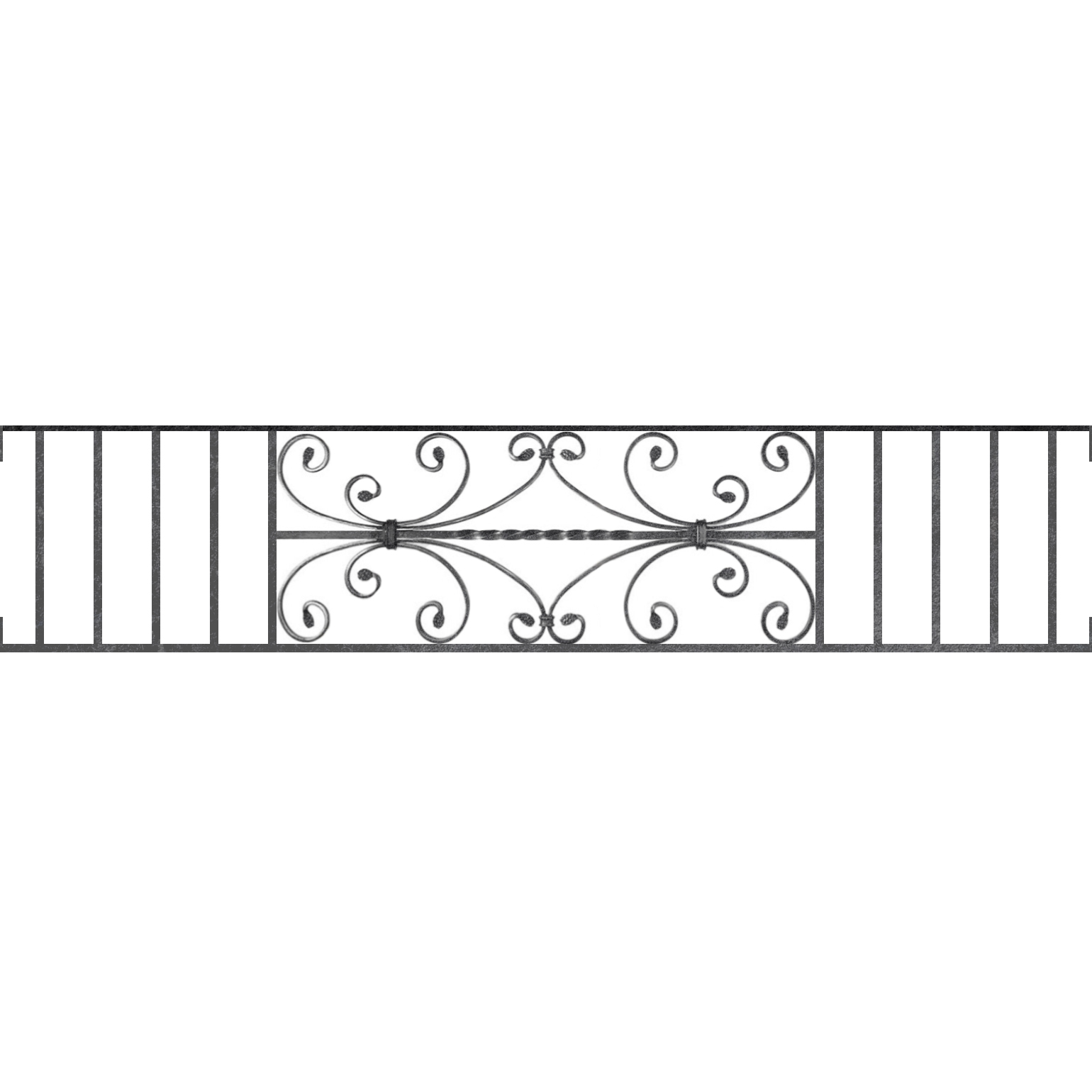 Appui de fenêtre type AF003 à visser dans votre tableau de fenêtre. Longueur finie de 1540mm et Hauteur finie de 320mm. Convient pour les tableaux de fenêtre de 1540mm. Main courante laminée de 1540mm de long en fer forgé sur le dessus. Motif au centre de 760mm de long par 300mm de haut. Le reste de la structure est en acier carré plein de 12mm de section.