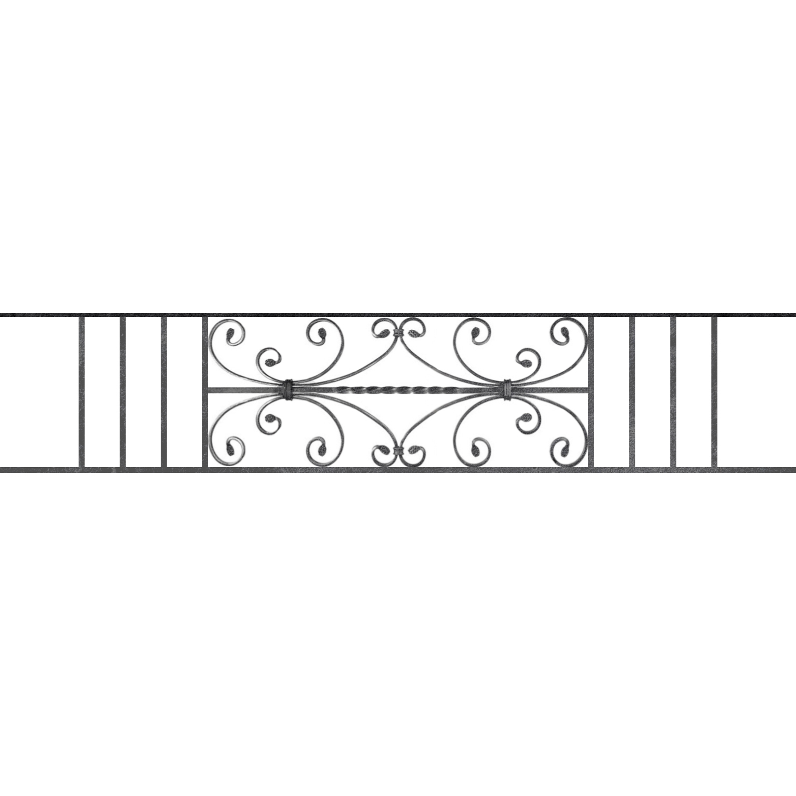 Appui de fenêtre type AF003 à sceller dans votre tableau de fenêtre. Longueur finie de 1590mm et Hauteur finie de 320mm. Convient pour les tableaux de fenêtre de 1490mm. 50mm de scellement sont prévue de chaque côté. Main courante laminée de 1490mm de long en fer forgé sur le dessus. Motif au centre de 760mm de long par 300mm de haut. Le reste de la structure est en acier carré plein de 12mm de section.