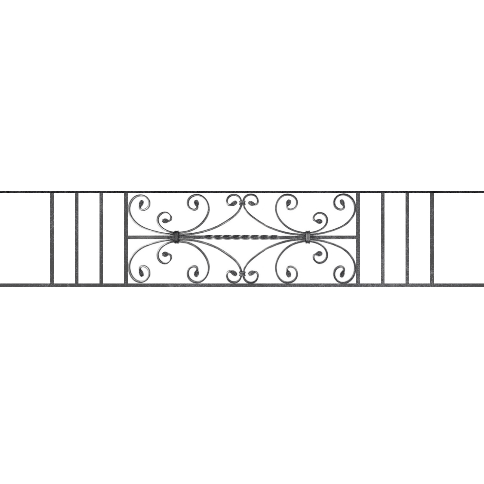 Appui de fenêtre type AF003 à sceller dans votre tableau de fenêtre. Longueur finie de 1610mm et Hauteur finie de 320mm. Convient pour les tableaux de fenêtre de 1510mm. 50mm de scellement sont prévue de chaque côté. Main courante laminée de 1510mm de long en fer forgé sur le dessus. Motif au centre de 760mm de long par 300mm de haut. Le reste de la structure est en acier carré plein de 12mm de section.