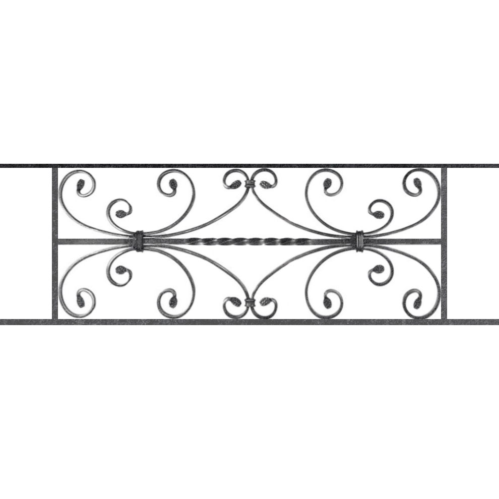 Appui de fenêtre type AF003 à sceller dans votre tableau de fenêtre. Longueur finie de 990mm et Hauteur finie de 320mm. Convient pour les tableaux de fenêtre de 890mm. 50mm de scellement sont prévue de chaque côté. Main courante laminée de 890mm de long en fer forgé sur le dessus. Motif au centre de 760mm de long par 300mm de haut. Le reste de la structure est en acier carré plein de 12mm de section.