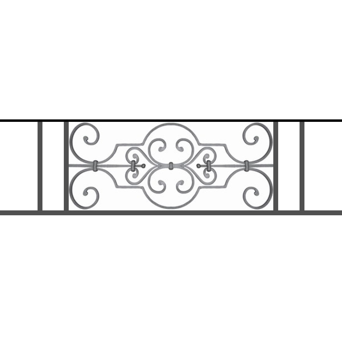 Appui de fenêtre type AF004 à sceller dans votre tableau de fenêtre. Longueur finie de 1120mm et Hauteur finie de 314mm. Convient pour les tableaux de fenêtre de 1020mm. 50mm de scellement sont prévue de chaque côté. Main courante laminée de 1020mm de long en fer forgé sur le dessus. Motif au centre de 670mm de long par 290mm de haut. Le reste de la structure est en tube acier carré de 16mm de section.