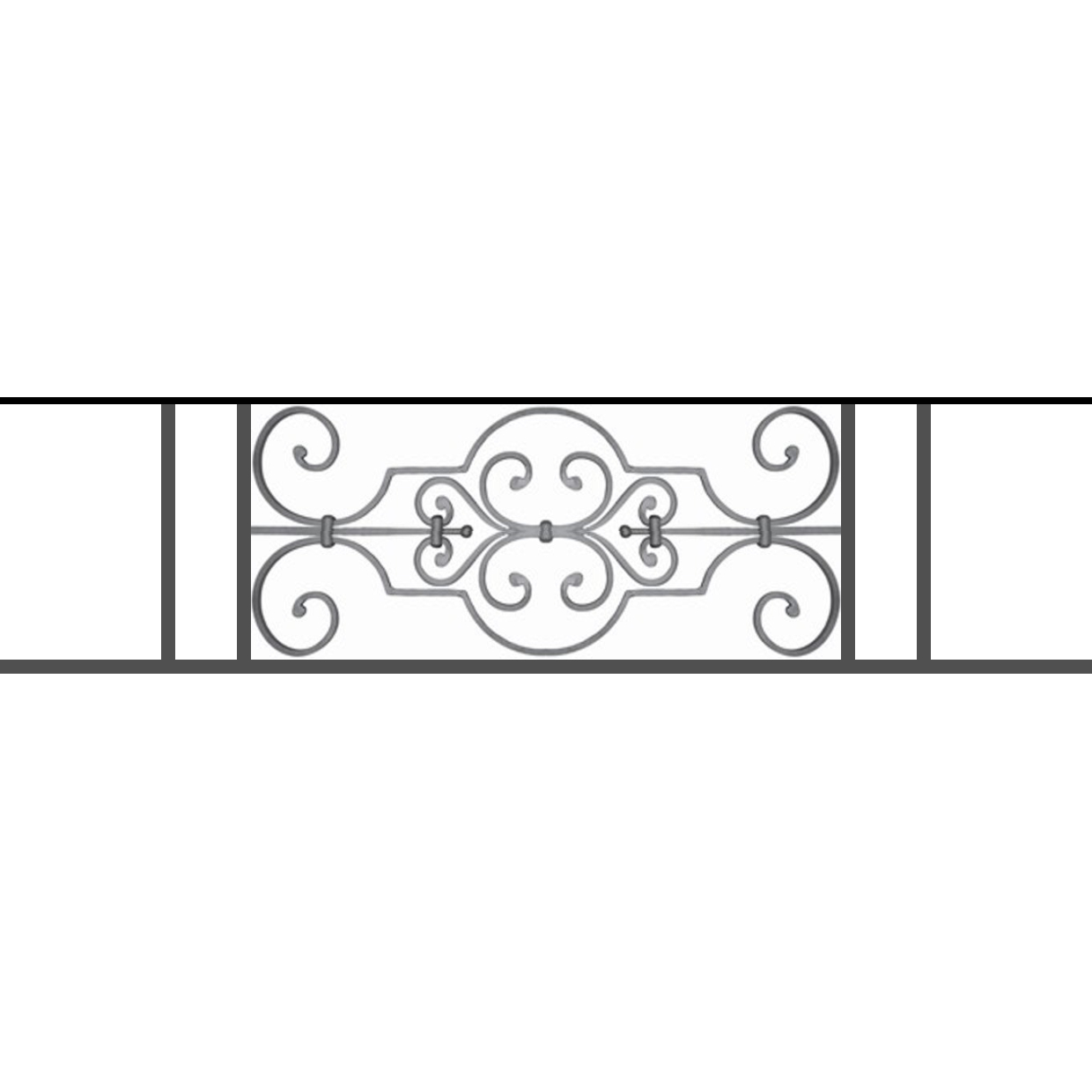 Appui de fenêtre type AF004 à sceller dans votre tableau de fenêtre. Longueur finie de 1240mm et Hauteur finie de 314mm. Convient pour les tableaux de fenêtre de 1140mm. 50mm de scellement sont prévue de chaque côté. Main courante laminée de 1140mm de long en fer forgé sur le dessus. Motif au centre de 670mm de long par 290mm de haut. Le reste de la structure est en tube acier carré de 16mm de section.