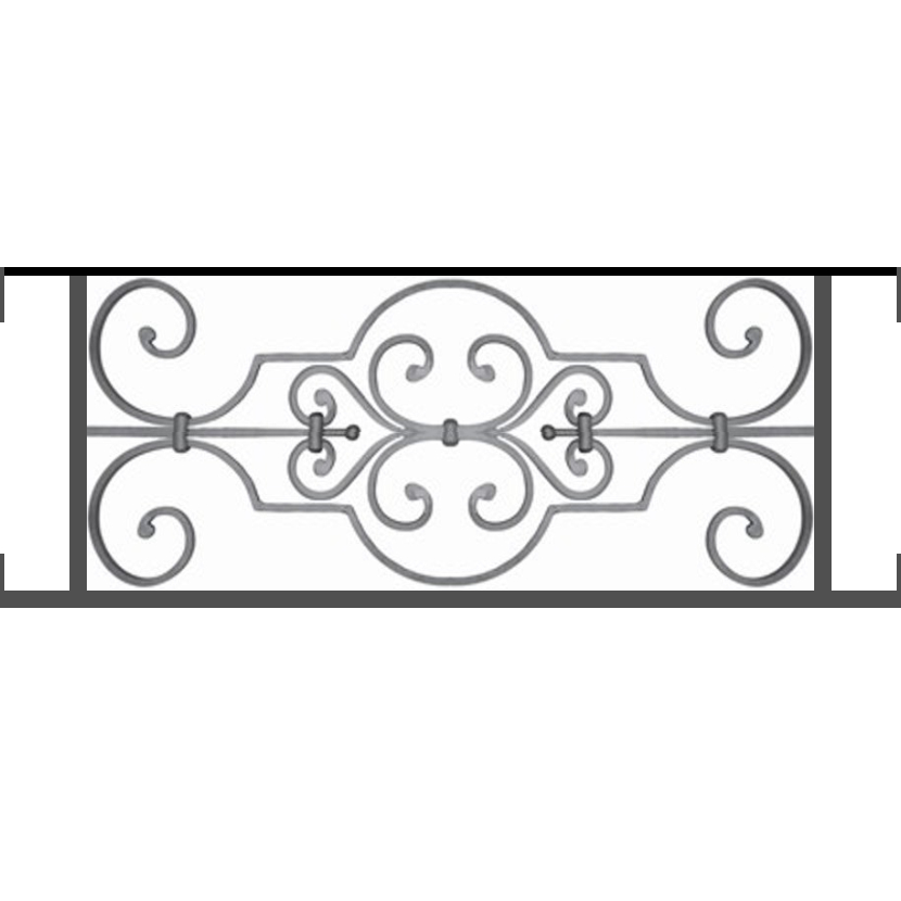 Appui de fenêtre type AF004 à visser dans votre tableau de fenêtre. Longueur finie de 830mm et Hauteur finie de 314mm. Convient pour les tableaux de fenêtre de 830mm. Main courante laminée de 830mm de long en fer forgé sur le dessus. Motif au centre de 670mm de long par 290mm de haut. Le reste de la structure est en tube acier carré de 16mm de section.