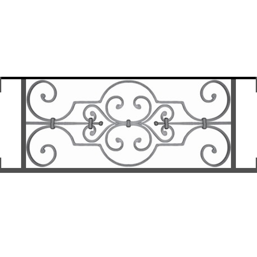 Appui de fenêtre type AF004 à visser dans votre tableau de fenêtre. Longueur finie de 840mm et Hauteur finie de 314mm. Convient pour les tableaux de fenêtre de 840mm. Main courante laminée de 840mm de long en fer forgé sur le dessus. Motif au centre de 670mm de long par 290mm de haut. Le reste de la structure est en tube acier carré de 16mm de section.