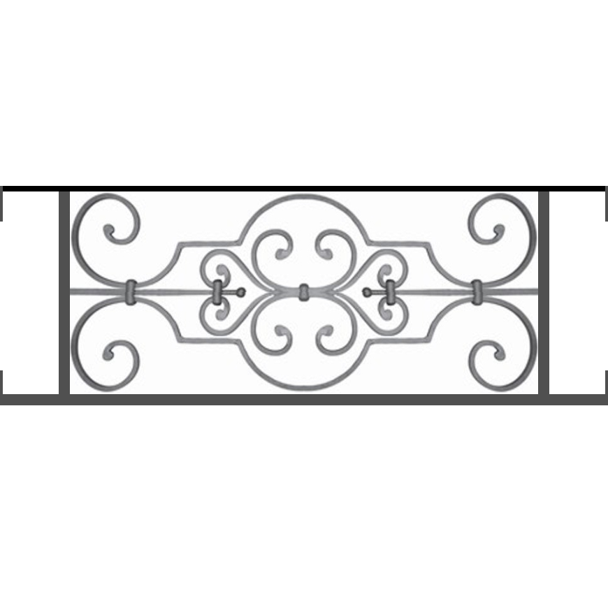 Appui de fenêtre type AF004 à visser dans votre tableau de fenêtre. Longueur finie de 870mm et Hauteur finie de 314mm. Convient pour les tableaux de fenêtre de 870mm. Main courante laminée de 870mm de long en fer forgé sur le dessus. Motif au centre de 670mm de long par 290mm de haut. Le reste de la structure est en tube acier carré de 16mm de section.