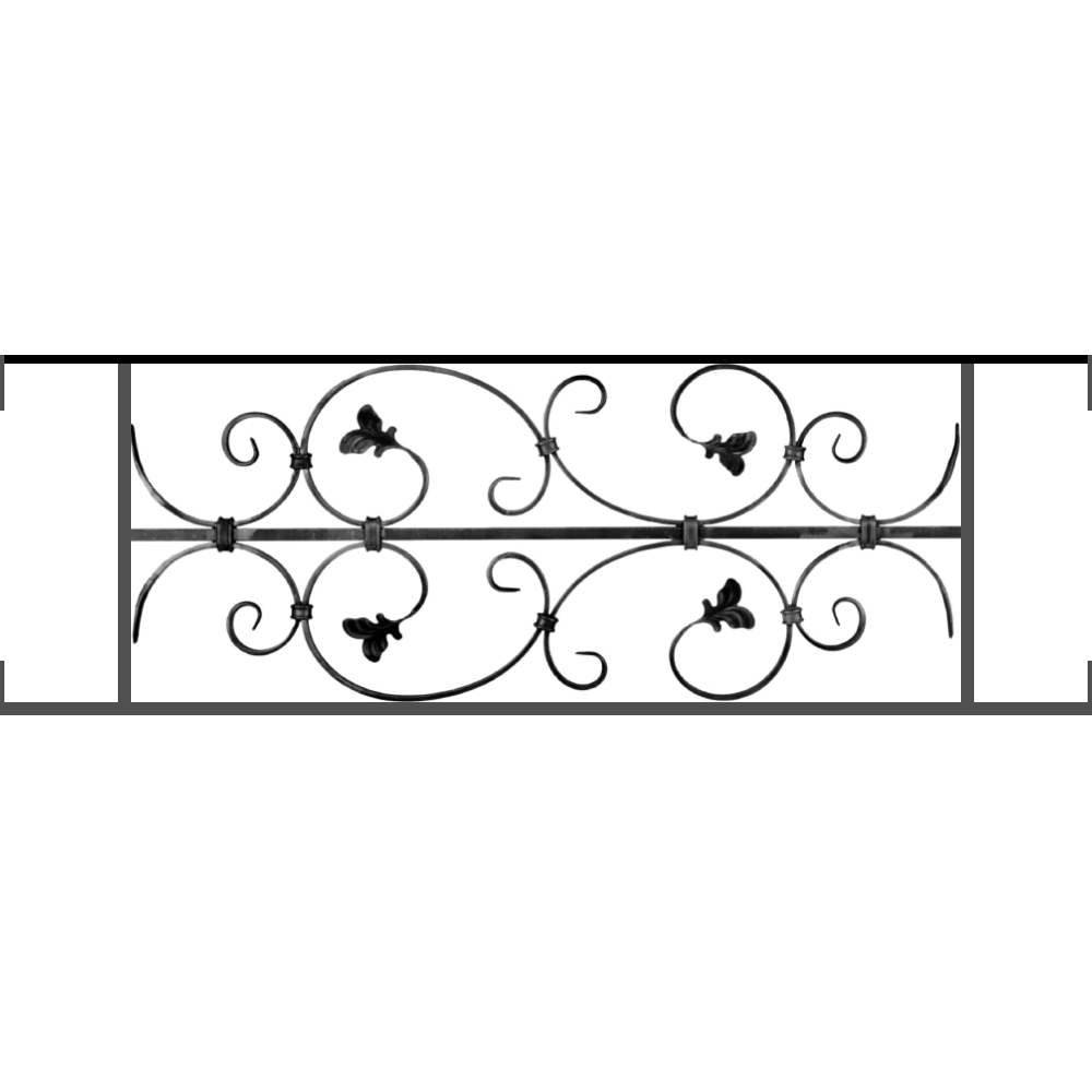 Appui de fenêtre type AF005 à visser dans votre tableau de fenêtre. Longueur finie de 1000mm et Hauteur finie de 310mm. Convient pour les tableaux de fenêtre de 1000mm. Main courante laminée de 1000mm de long en fer forgé sur le dessus. Motif au centre de 760mm de long par 290mm de haut. Le reste de la structure est en acier carré plein de 12mm de section.