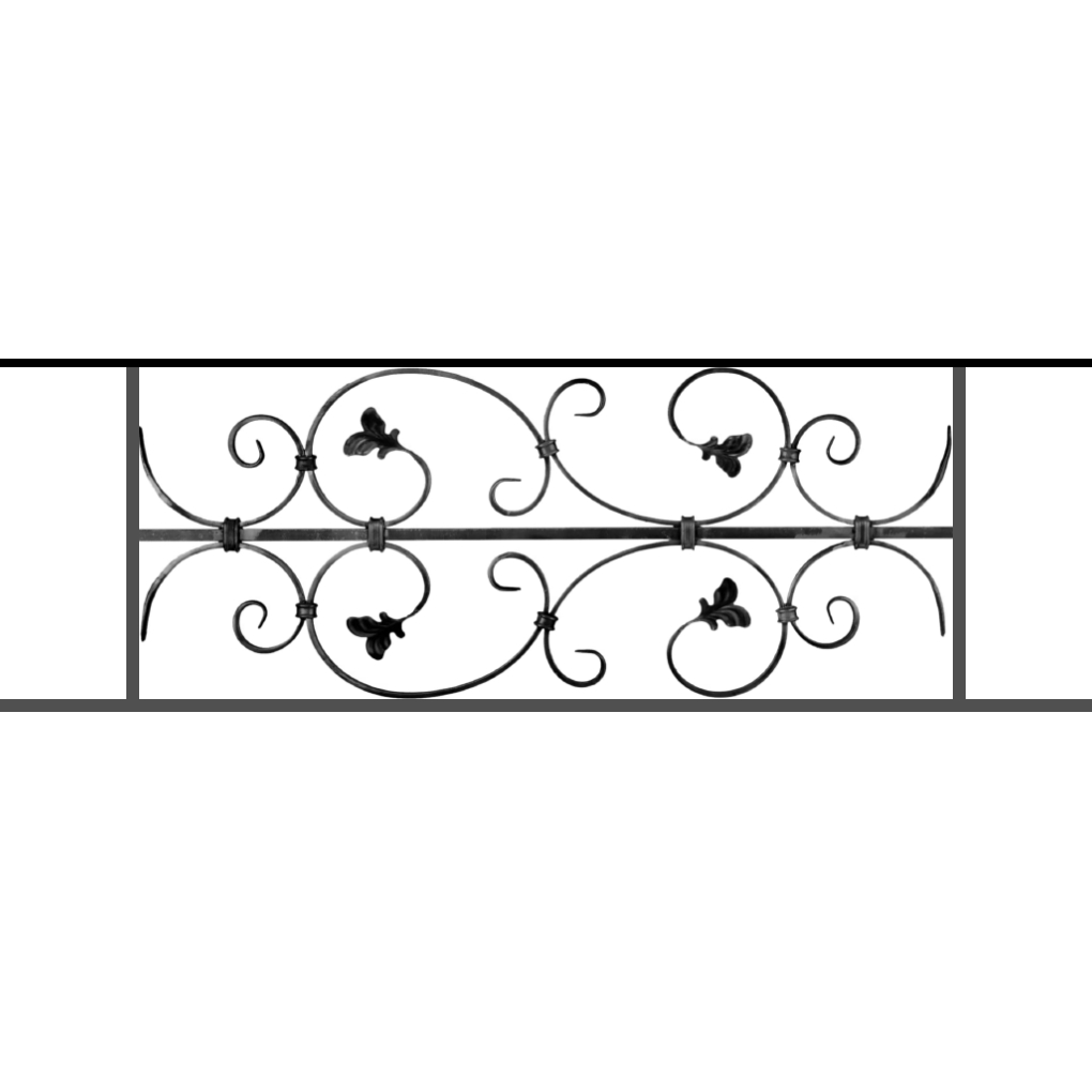 Appui de fenêtre type AF005 à sceller dans votre tableau de fenêtre. Longueur finie de 1020mm et Hauteur finie de 310mm. Convient pour les tableaux de fenêtre de 920mm. 50mm de scellement sont prévue de chaque côté. Main courante laminée de 920mm de long en fer forgé sur le dessus. Motif au centre de 760mm de long par 290mm de haut. Le reste de la structure est en acier carré plein de 12mm de section.