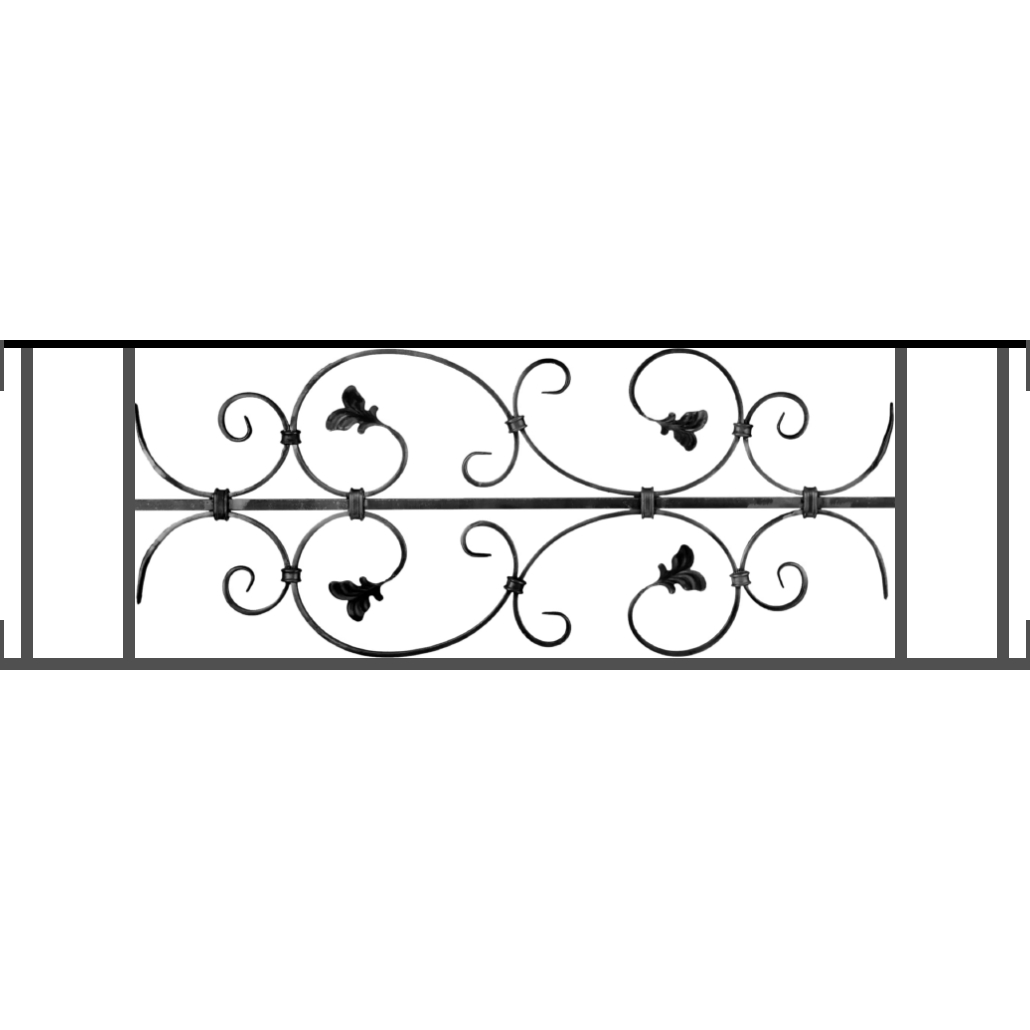 Appui de fenêtre type AF005 à visser dans votre tableau de fenêtre. Longueur finie de 1030mm et Hauteur finie de 310mm. Convient pour les tableaux de fenêtre de 1030mm. Main courante laminée de 1030mm de long en fer forgé sur le dessus. Motif au centre de 760mm de long par 290mm de haut. Le reste de la structure est en acier carré plein de 12mm de section.