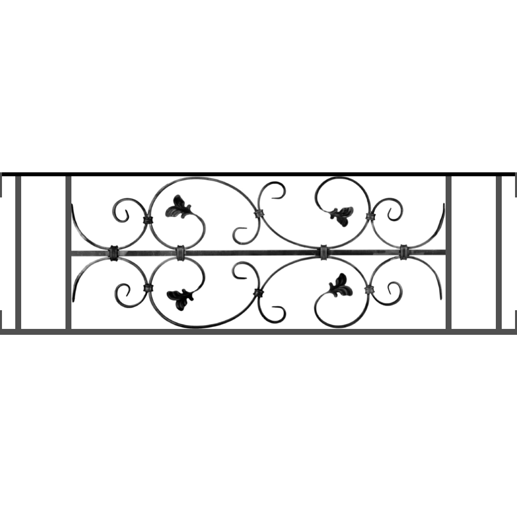 Appui de fenêtre type AF005 à visser dans votre tableau de fenêtre. Longueur finie de 1050mm et Hauteur finie de 310mm. Convient pour les tableaux de fenêtre de 1050mm. Main courante laminée de 1050mm de long en fer forgé sur le dessus. Motif au centre de 760mm de long par 290mm de haut. Le reste de la structure est en acier carré plein de 12mm de section.