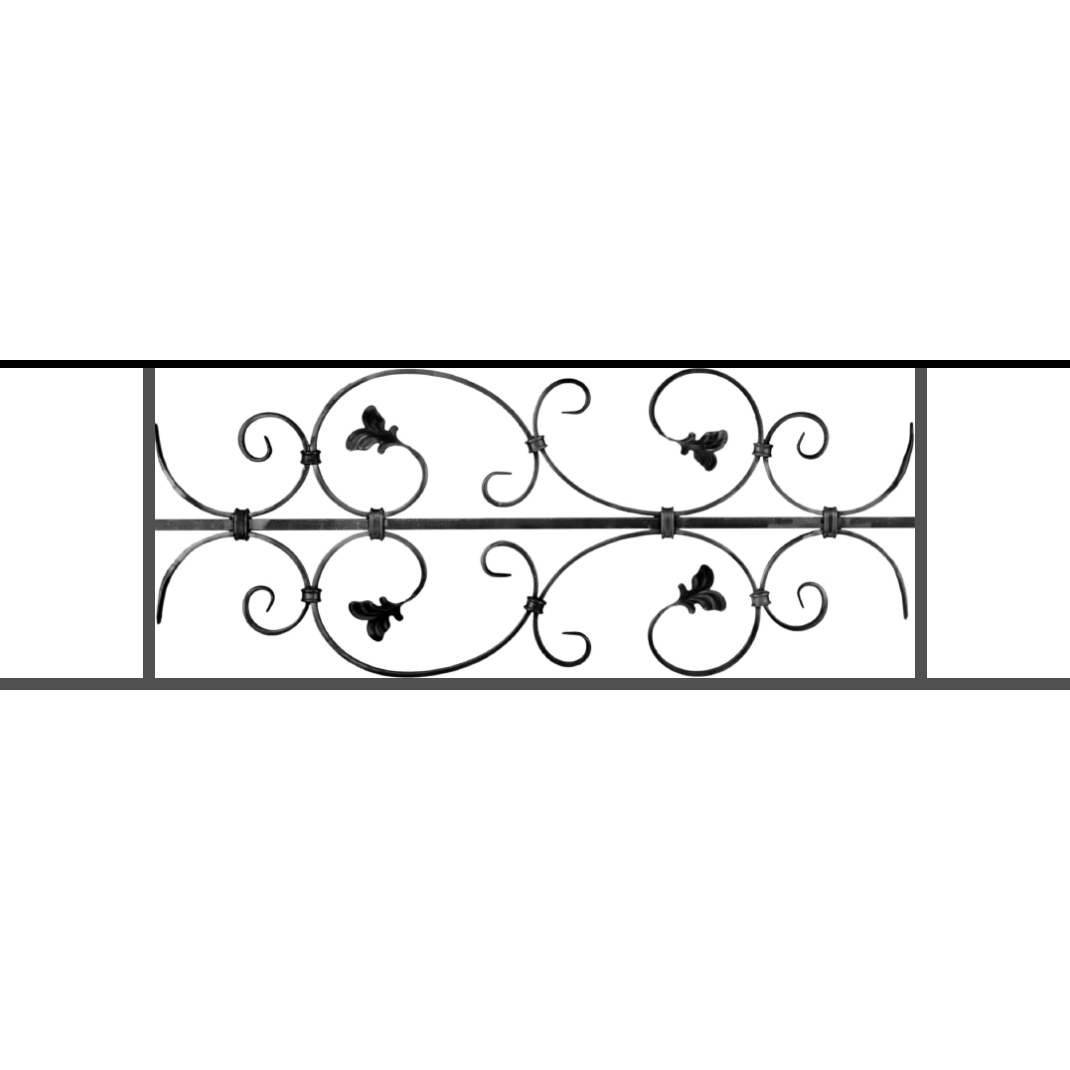 Appui de fenêtre type AF005 à sceller dans votre tableau de fenêtre. Longueur finie de 1070mm et Hauteur finie de 310mm. Convient pour les tableaux de fenêtre de 970mm. 50mm de scellement sont prévue de chaque côté. Main courante laminée de 970mm de long en fer forgé sur le dessus. Motif au centre de 760mm de long par 290mm de haut. Le reste de la structure est en acier carré plein de 12mm de section.