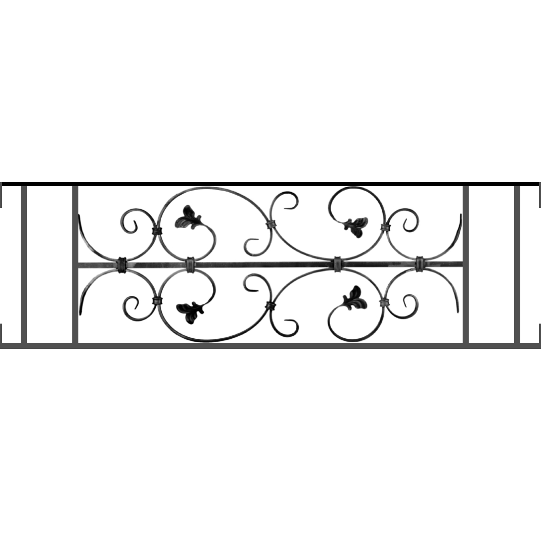 Appui de fenêtre type AF005 à visser dans votre tableau de fenêtre. Longueur finie de 1070mm et Hauteur finie de 310mm. Convient pour les tableaux de fenêtre de 1070mm. Main courante laminée de 1070mm de long en fer forgé sur le dessus. Motif au centre de 760mm de long par 290mm de haut. Le reste de la structure est en acier carré plein de 12mm de section.