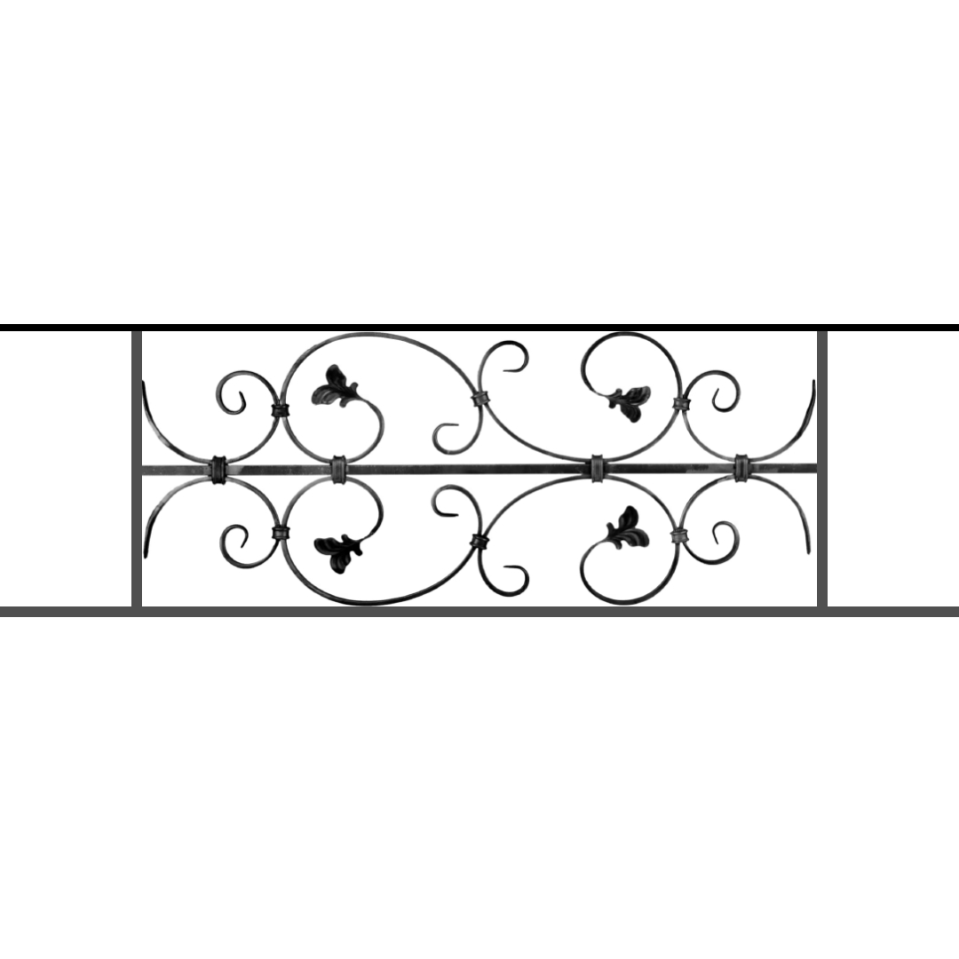 Appui de fenêtre type AF005 à sceller dans votre tableau de fenêtre. Longueur finie de 1080mm et Hauteur finie de 310mm. Convient pour les tableaux de fenêtre de 980mm. 50mm de scellement sont prévue de chaque côté. Main courante laminée de 980mm de long en fer forgé sur le dessus. Motif au centre de 760mm de long par 290mm de haut. Le reste de la structure est en acier carré plein de 12mm de section.