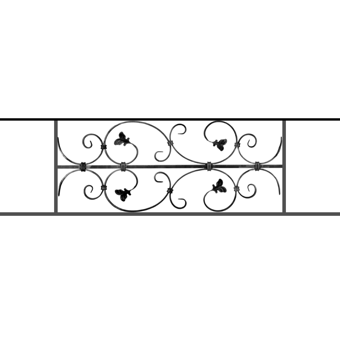 Appui de fenêtre type AF005 à sceller dans votre tableau de fenêtre. Longueur finie de 1150mm et Hauteur finie de 310mm. Convient pour les tableaux de fenêtre de 1050mm. 50mm de scellement sont prévue de chaque côté. Main courante laminée de 1050mm de long en fer forgé sur le dessus. Motif au centre de 760mm de long par 290mm de haut. Le reste de la structure est en acier carré plein de 12mm de section.