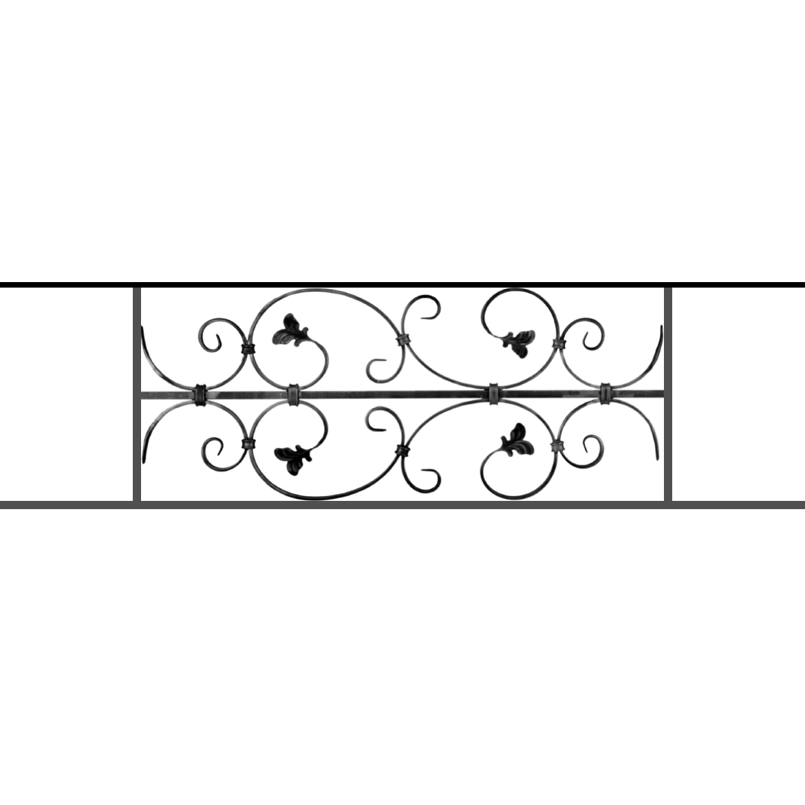 Appui de fenêtre type AF005 à sceller dans votre tableau de fenêtre. Longueur finie de 1170mm et Hauteur finie de 310mm. Convient pour les tableaux de fenêtre de 1070mm. 50mm de scellement sont prévue de chaque côté. Main courante laminée de 1070mm de long en fer forgé sur le dessus. Motif au centre de 760mm de long par 290mm de haut. Le reste de la structure est en acier carré plein de 12mm de section.