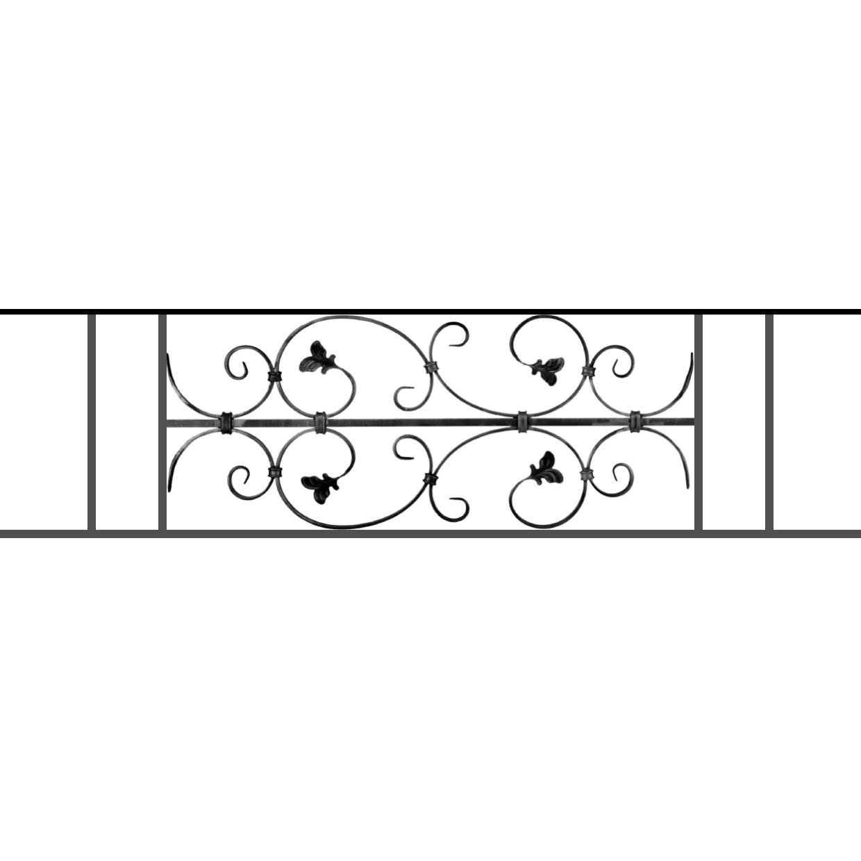 Appui de fenêtre type AF005 à sceller dans votre tableau de fenêtre. Longueur finie de 1240mm et Hauteur finie de 310mm. Convient pour les tableaux de fenêtre de 1140mm. 50mm de scellement sont prévue de chaque côté. Main courante laminée de 1140mm de long en fer forgé sur le dessus. Motif au centre de 760mm de long par 290mm de haut. Le reste de la structure est en acier carré plein de 12mm de section.