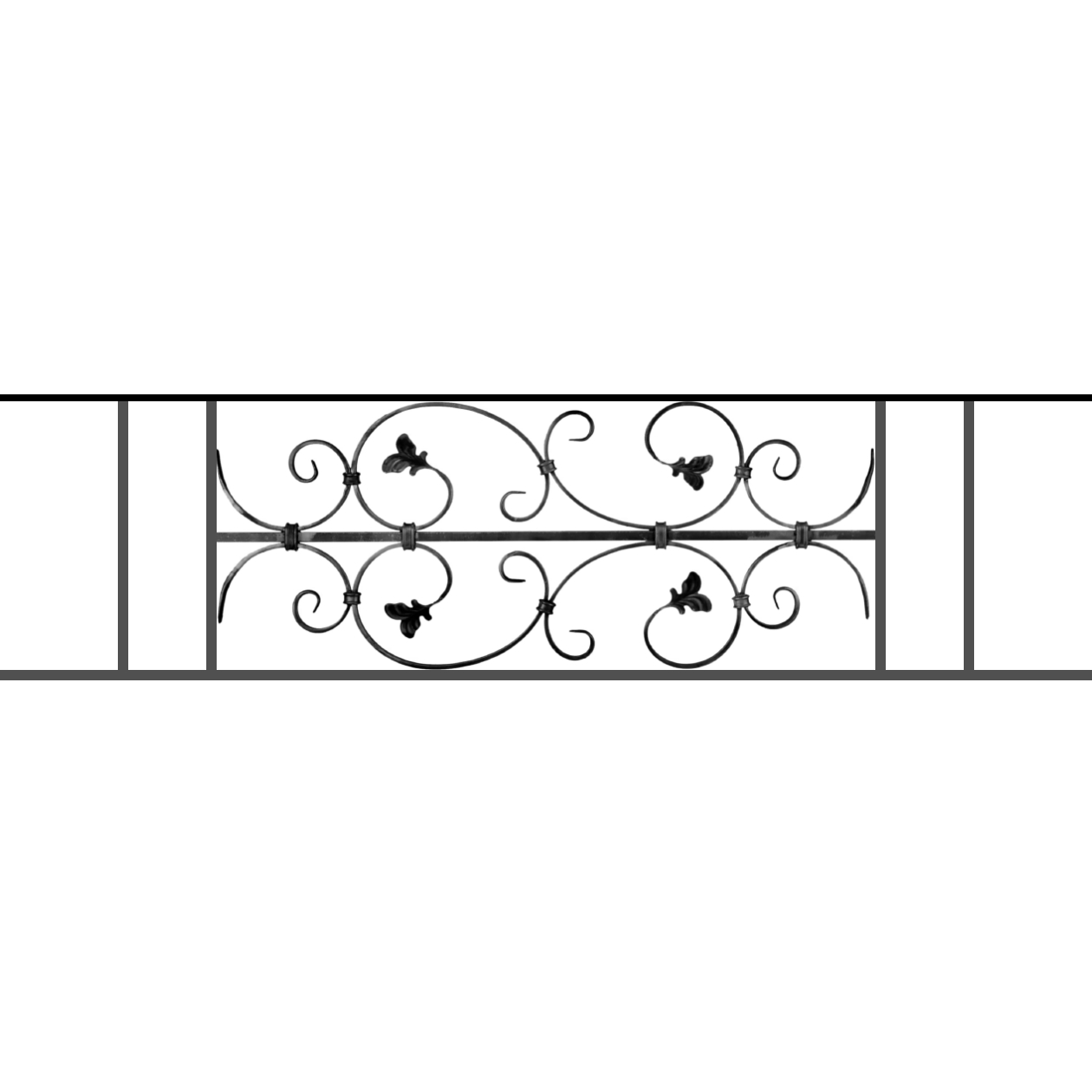 Appui de fenêtre type AF005 à sceller dans votre tableau de fenêtre. Longueur finie de 1260mm et Hauteur finie de 310mm. Convient pour les tableaux de fenêtre de 1160mm. 50mm de scellement sont prévue de chaque côté. Main courante laminée de 1160mm de long en fer forgé sur le dessus. Motif au centre de 760mm de long par 290mm de haut. Le reste de la structure est en acier carré plein de 12mm de section.