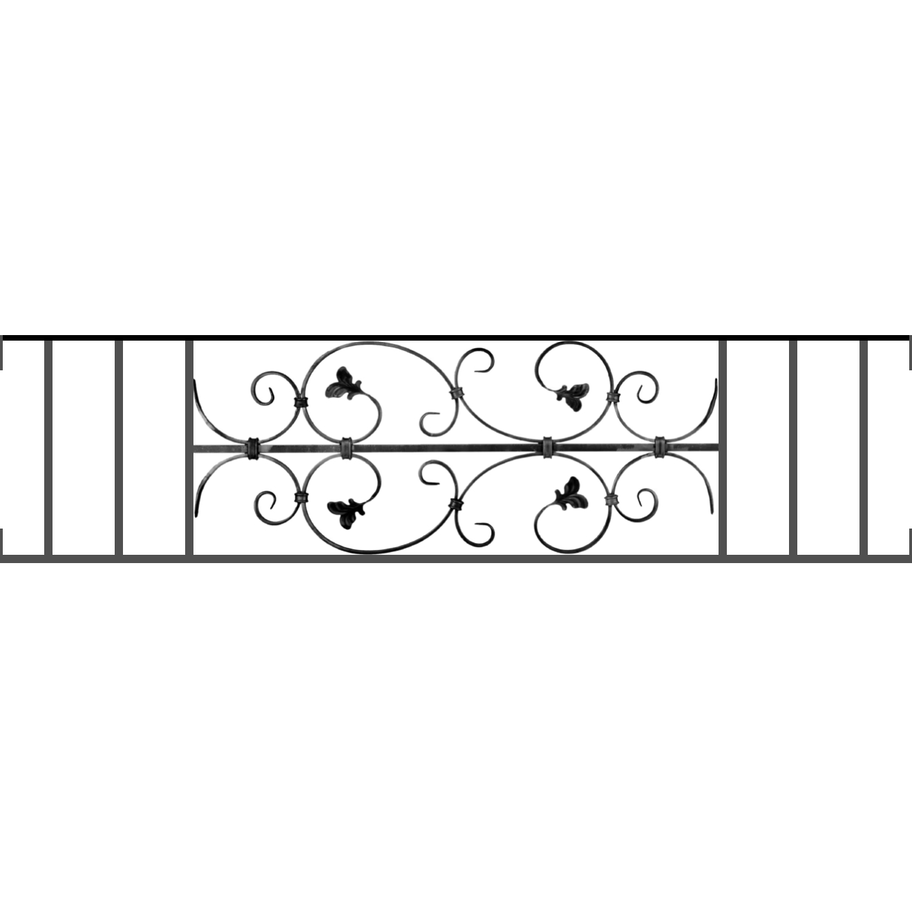 Appui de fenêtre type AF005 à visser dans votre tableau de fenêtre. Longueur finie de 1320mm et Hauteur finie de 310mm. Convient pour les tableaux de fenêtre de 1320mm. Main courante laminée de 1320mm de long en fer forgé sur le dessus. Motif au centre de 760mm de long par 290mm de haut. Le reste de la structure est en acier carré plein de 12mm de section.