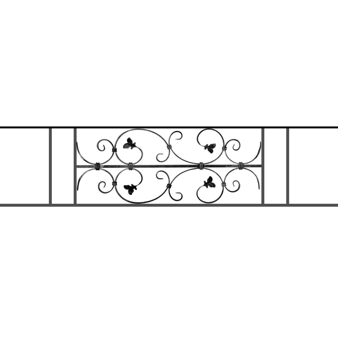 Appui de fenêtre type AF005 à sceller dans votre tableau de fenêtre. Longueur finie de 1390mm et Hauteur finie de 310mm. Convient pour les tableaux de fenêtre de 1290mm. 50mm de scellement sont prévue de chaque côté. Main courante laminée de 1290mm de long en fer forgé sur le dessus. Motif au centre de 760mm de long par 290mm de haut. Le reste de la structure est en acier carré plein de 12mm de section.