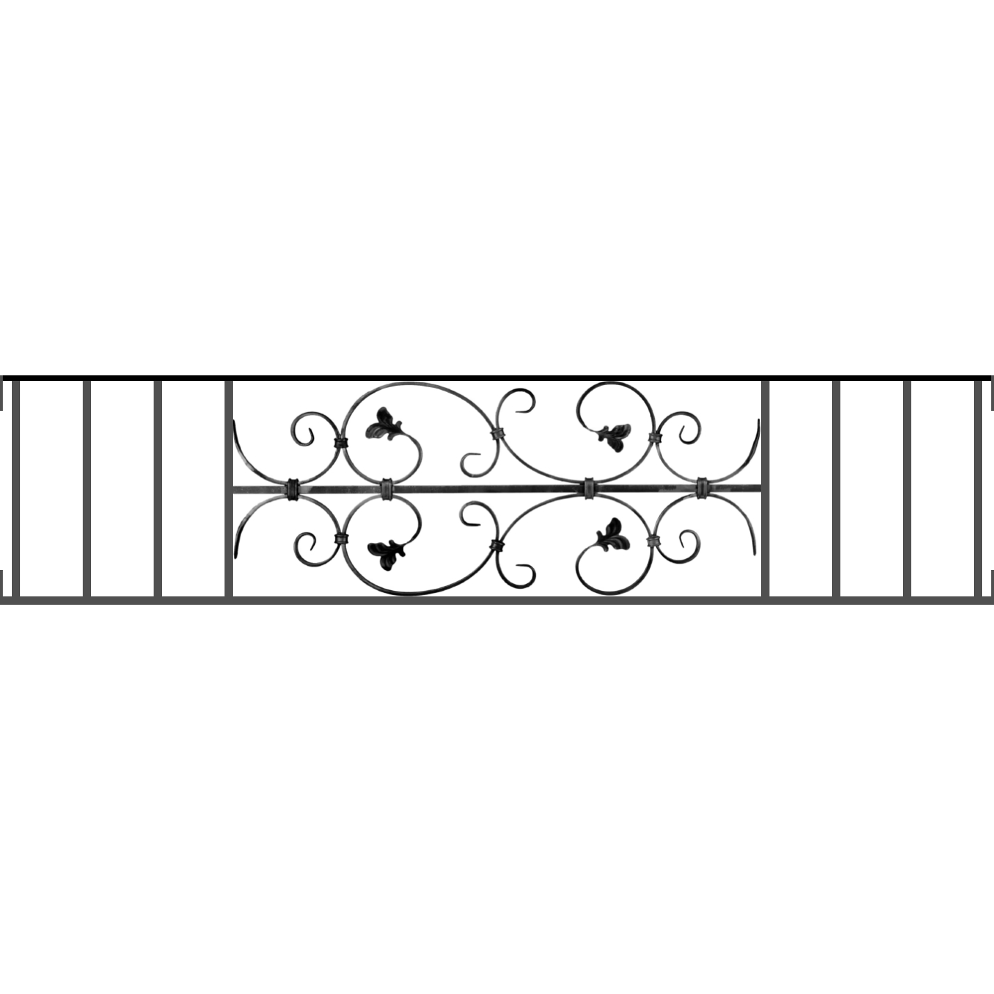 Appui de fenêtre type AF005 à visser dans votre tableau de fenêtre. Longueur finie de 1430mm et Hauteur finie de 310mm. Convient pour les tableaux de fenêtre de 1430mm. Main courante laminée de 1430mm de long en fer forgé sur le dessus. Motif au centre de 760mm de long par 290mm de haut. Le reste de la structure est en acier carré plein de 12mm de section.