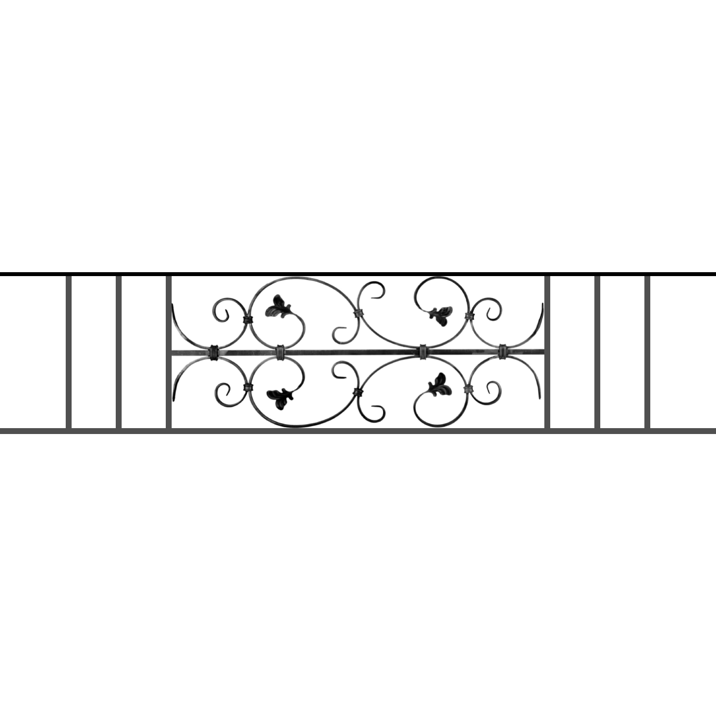 Appui de fenêtre type AF005 à sceller dans votre tableau de fenêtre. Longueur finie de 1460mm et Hauteur finie de 310mm. Convient pour les tableaux de fenêtre de 1360mm. 50mm de scellement sont prévue de chaque côté. Main courante laminée de 1360mm de long en fer forgé sur le dessus. Motif au centre de 760mm de long par 290mm de haut. Le reste de la structure est en acier carré plein de 12mm de section.