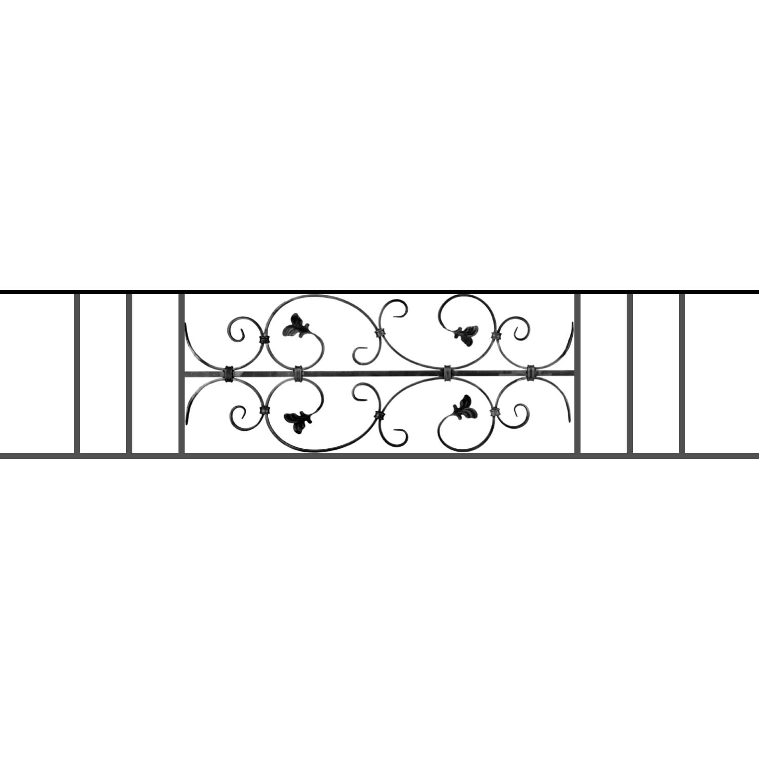 Appui de fenêtre type AF005 à sceller dans votre tableau de fenêtre. Longueur finie de 1480mm et Hauteur finie de 310mm. Convient pour les tableaux de fenêtre de 1380mm. 50mm de scellement sont prévue de chaque côté. Main courante laminée de 1380mm de long en fer forgé sur le dessus. Motif au centre de 760mm de long par 290mm de haut. Le reste de la structure est en acier carré plein de 12mm de section.