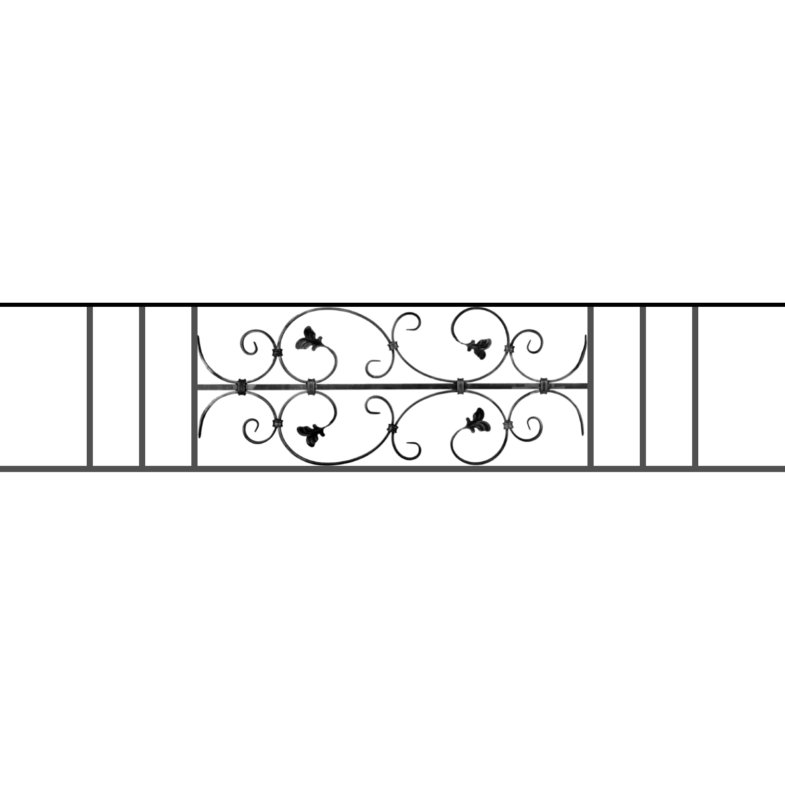 Appui de fenêtre type AF005 à sceller dans votre tableau de fenêtre. Longueur finie de 1530mm et Hauteur finie de 310mm. Convient pour les tableaux de fenêtre de 1430mm. 50mm de scellement sont prévue de chaque côté. Main courante laminée de 1430mm de long en fer forgé sur le dessus. Motif au centre de 760mm de long par 290mm de haut. Le reste de la structure est en acier carré plein de 12mm de section.