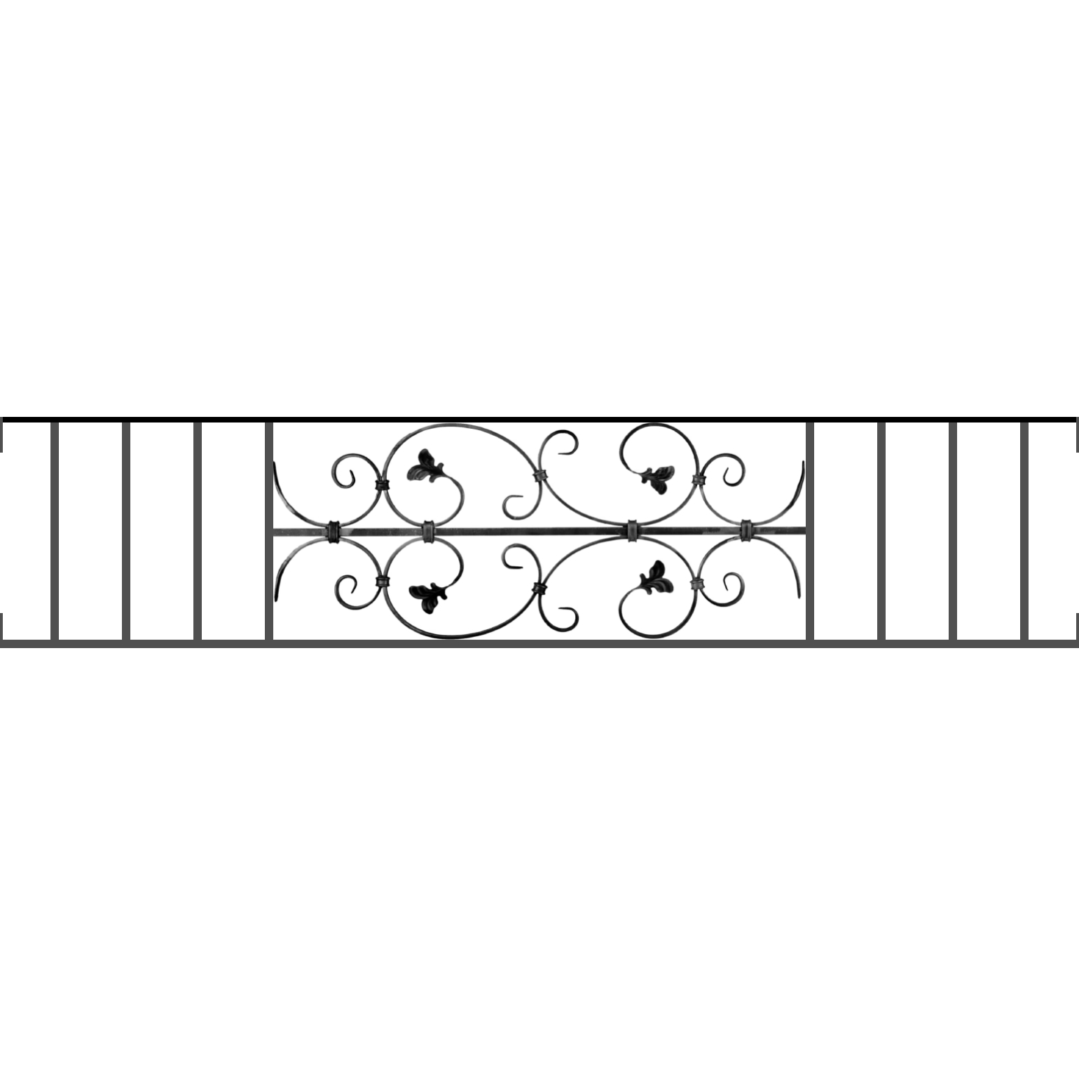 Appui de fenêtre type AF005 à visser dans votre tableau de fenêtre. Longueur finie de 1540mm et Hauteur finie de 310mm. Convient pour les tableaux de fenêtre de 1540mm. Main courante laminée de 1540mm de long en fer forgé sur le dessus. Motif au centre de 760mm de long par 290mm de haut. Le reste de la structure est en acier carré plein de 12mm de section.