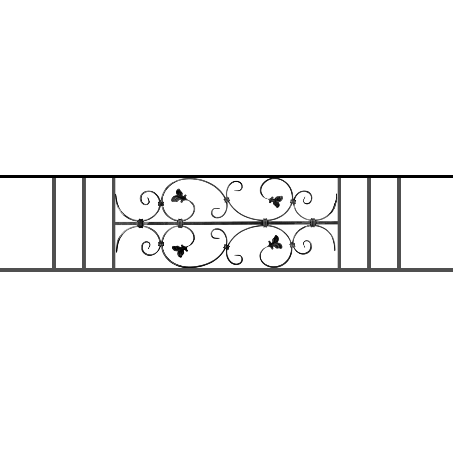 Appui de fenêtre type AF005 à sceller dans votre tableau de fenêtre. Longueur finie de 1550mm et Hauteur finie de 310mm. Convient pour les tableaux de fenêtre de 1450mm. 50mm de scellement sont prévue de chaque côté. Main courante laminée de 1450mm de long en fer forgé sur le dessus. Motif au centre de 760mm de long par 290mm de haut. Le reste de la structure est en acier carré plein de 12mm de section.