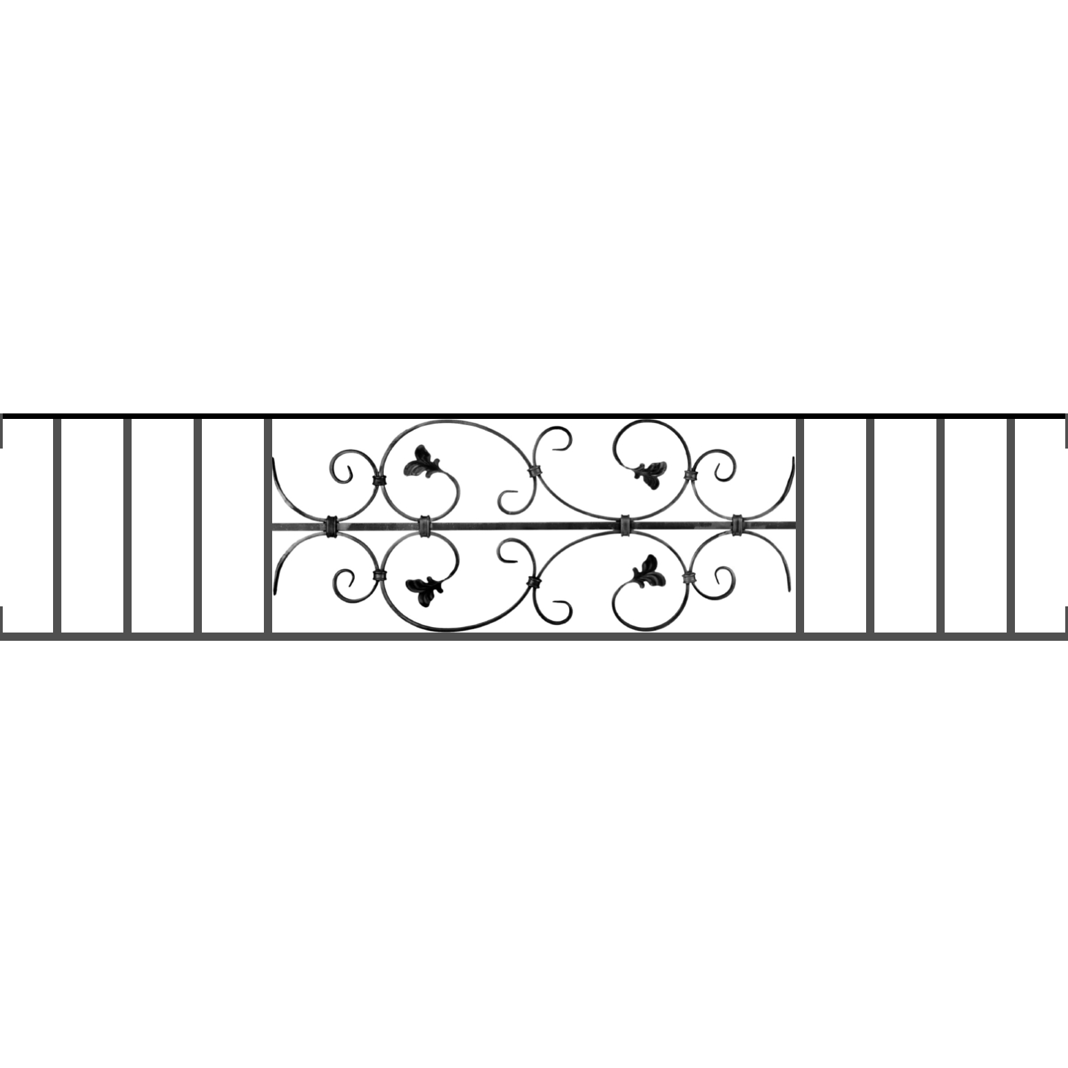 Appui de fenêtre type AF005 à visser dans votre tableau de fenêtre. Longueur finie de 1550mm et Hauteur finie de 310mm. Convient pour les tableaux de fenêtre de 1550mm. Main courante laminée de 1550mm de long en fer forgé sur le dessus. Motif au centre de 760mm de long par 290mm de haut. Le reste de la structure est en acier carré plein de 12mm de section.