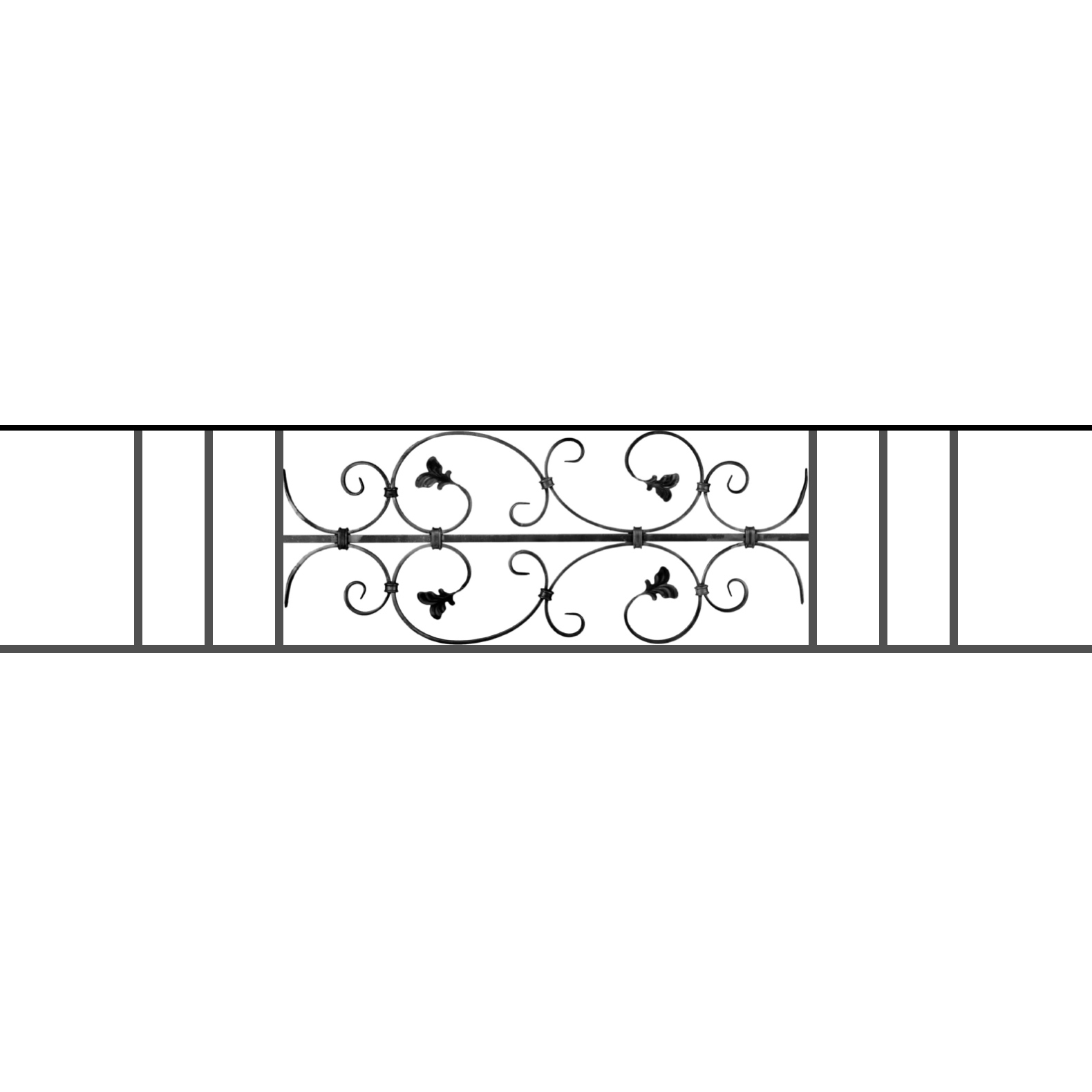 Appui de fenêtre type AF005 à sceller dans votre tableau de fenêtre. Longueur finie de 1580mm et Hauteur finie de 310mm. Convient pour les tableaux de fenêtre de 1480mm. 50mm de scellement sont prévue de chaque côté. Main courante laminée de 1480mm de long en fer forgé sur le dessus. Motif au centre de 760mm de long par 290mm de haut. Le reste de la structure est en acier carré plein de 12mm de section.