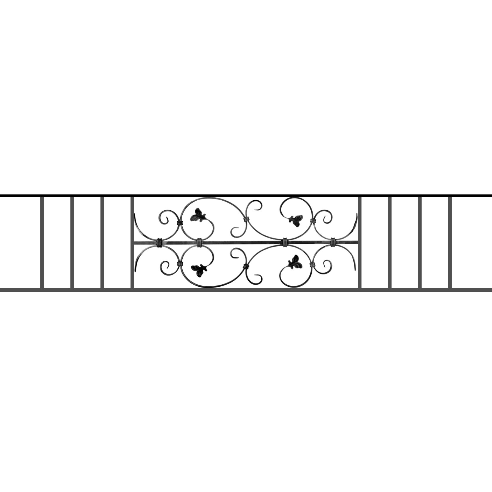 Appui de fenêtre type AF005 à sceller dans votre tableau de fenêtre. Longueur finie de 1670mm et Hauteur finie de 310mm. Convient pour les tableaux de fenêtre de 1570mm. 50mm de scellement sont prévue de chaque côté. Main courante laminée de 1570mm de long en fer forgé sur le dessus. Motif au centre de 760mm de long par 290mm de haut. Le reste de la structure est en acier carré plein de 12mm de section.