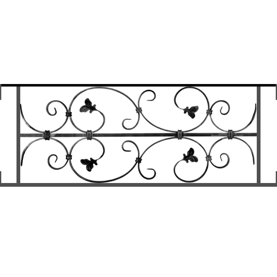 Appui de fenêtre type AF005 à visser dans votre tableau de fenêtre. Longueur finie de 890mm et Hauteur finie de 310mm. Convient pour les tableaux de fenêtre de 890mm. Main courante laminée de 890mm de long en fer forgé sur le dessus. Motif au centre de 760mm de long par 290mm de haut. Le reste de la structure est en acier carré plein de 12mm de section.