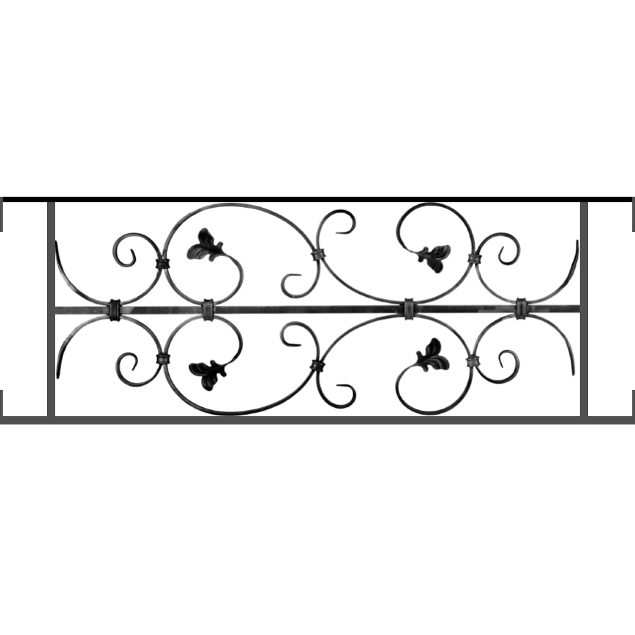 Appui de fenêtre type AF005 à visser dans votre tableau de fenêtre. Longueur finie de 920mm et Hauteur finie de 310mm. Convient pour les tableaux de fenêtre de 920mm. Main courante laminée de 920mm de long en fer forgé sur le dessus. Motif au centre de 760mm de long par 290mm de haut. Le reste de la structure est en acier carré plein de 12mm de section.