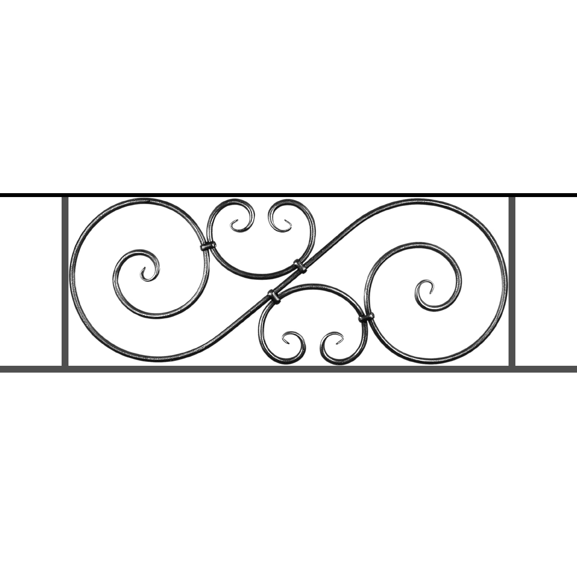 Appui de fenêtre type AF007 à sceller dans votre tableau de fenêtre. Longueur finie de 1180mm et Hauteur finie de 367mm. Convient pour les tableaux de fenêtre de 1080mm. 50mm de scellement sont prévue de chaque côté. Main courante laminée de 1080mm de long en fer forgé sur le dessus. Motif au centre de 900mm de long par 345mm de haut. Le reste de la structure est en acier carré plein de 14mm de section.