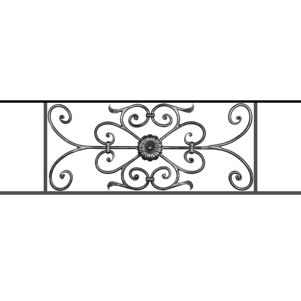 Appui de fenêtre type AF009 à sceller dans votre tableau de fenêtre. Longueur finie de 1020mm et Hauteur finie de 320mm. Convient pour les tableaux de fenêtre de 920mm. 50mm de scellement sont prévue de chaque côté. Main courante laminée de 920mm de long en fer forgé sur le dessus. Motif au centre de 700mm de long par 300mm de haut. Le reste de la structure est en acier carré plein de 12mm de section.