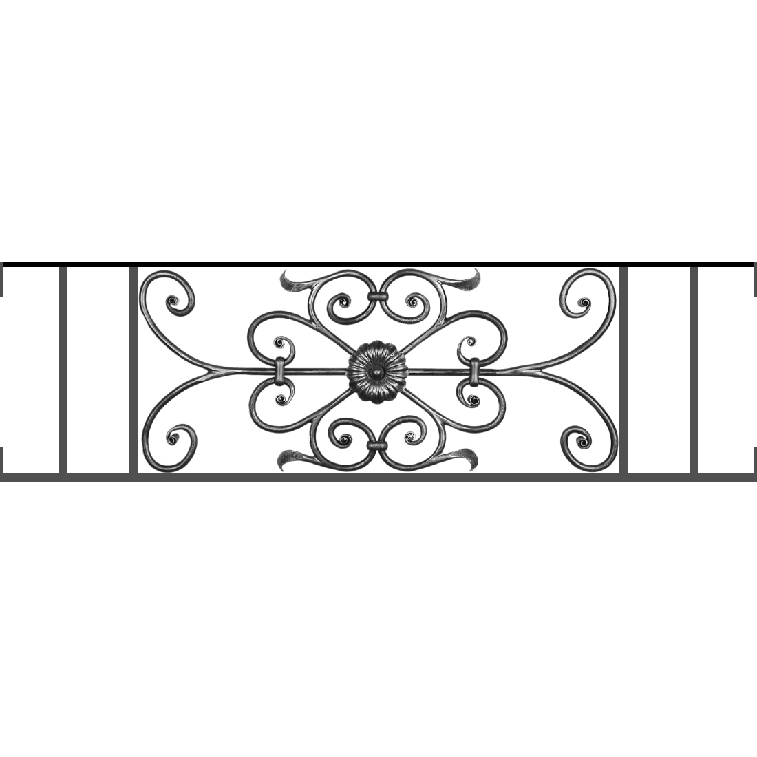 Appui de fenêtre type AF009 à visser dans votre tableau de fenêtre. Longueur finie de 1100mm et Hauteur finie de 320mm. Convient pour les tableaux de fenêtre de 1100mm. Main courante laminée de 1100mm de long en fer forgé sur le dessus. Motif au centre de 700mm de long par 300mm de haut. Le reste de la structure est en acier carré plein de 12mm de section.