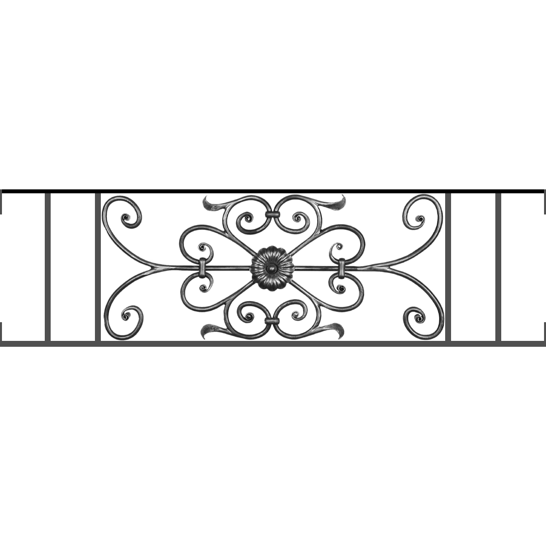 Appui de fenêtre type AF009 à visser dans votre tableau de fenêtre. Longueur finie de 1110mm et Hauteur finie de 320mm. Convient pour les tableaux de fenêtre de 1110mm. Main courante laminée de 1110mm de long en fer forgé sur le dessus. Motif au centre de 700mm de long par 300mm de haut. Le reste de la structure est en acier carré plein de 12mm de section.