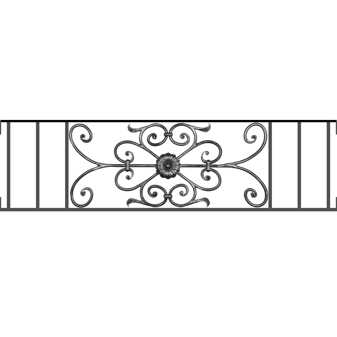 Appui de fenêtre type AF009 à visser dans votre tableau de fenêtre. Longueur finie de 1180mm et Hauteur finie de 320mm. Convient pour les tableaux de fenêtre de 1180mm. Main courante laminée de 1180mm de long en fer forgé sur le dessus. Motif au centre de 700mm de long par 300mm de haut. Le reste de la structure est en acier carré plein de 12mm de section.